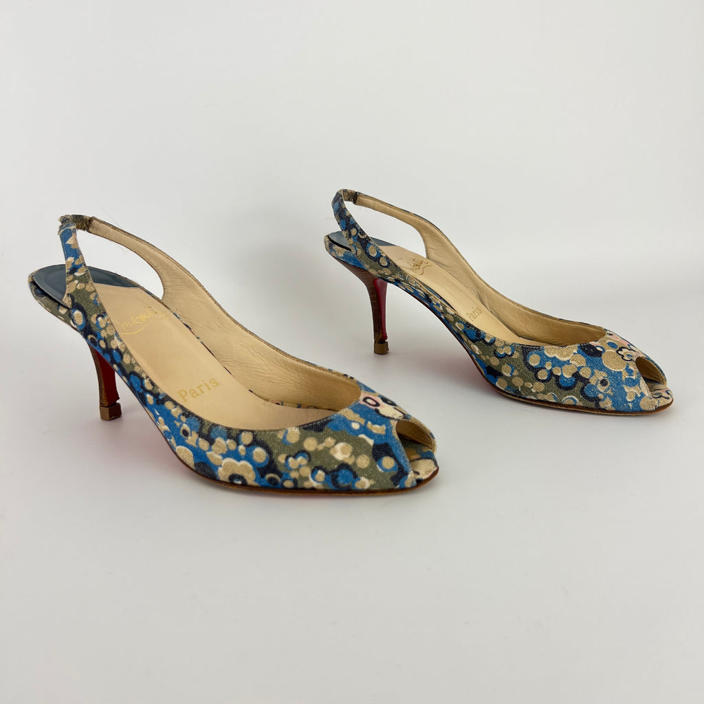 Louboutin | Materna Blue Floral Fabric Peep Toe Slingback Leather Pumps Rare (37)