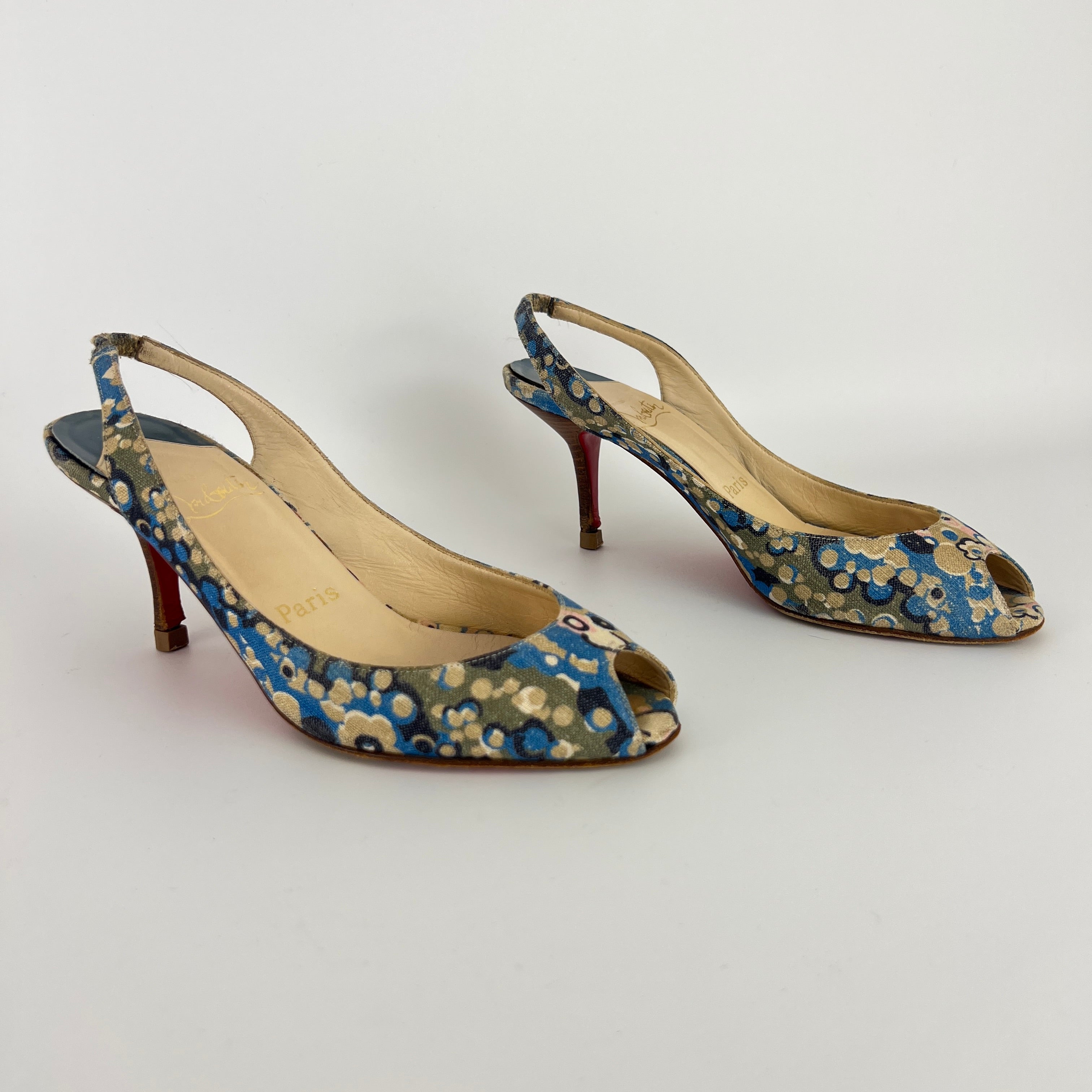 Louboutin | Materna Blue Floral Fabric Peep Toe Slingback Leather Pumps Rare (37)