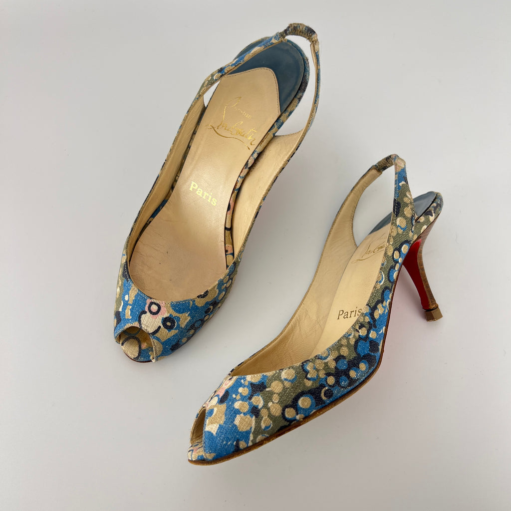 Louboutin | Materna Blue Floral Fabric Peep Toe Slingback Leather Pumps Rare (37)
