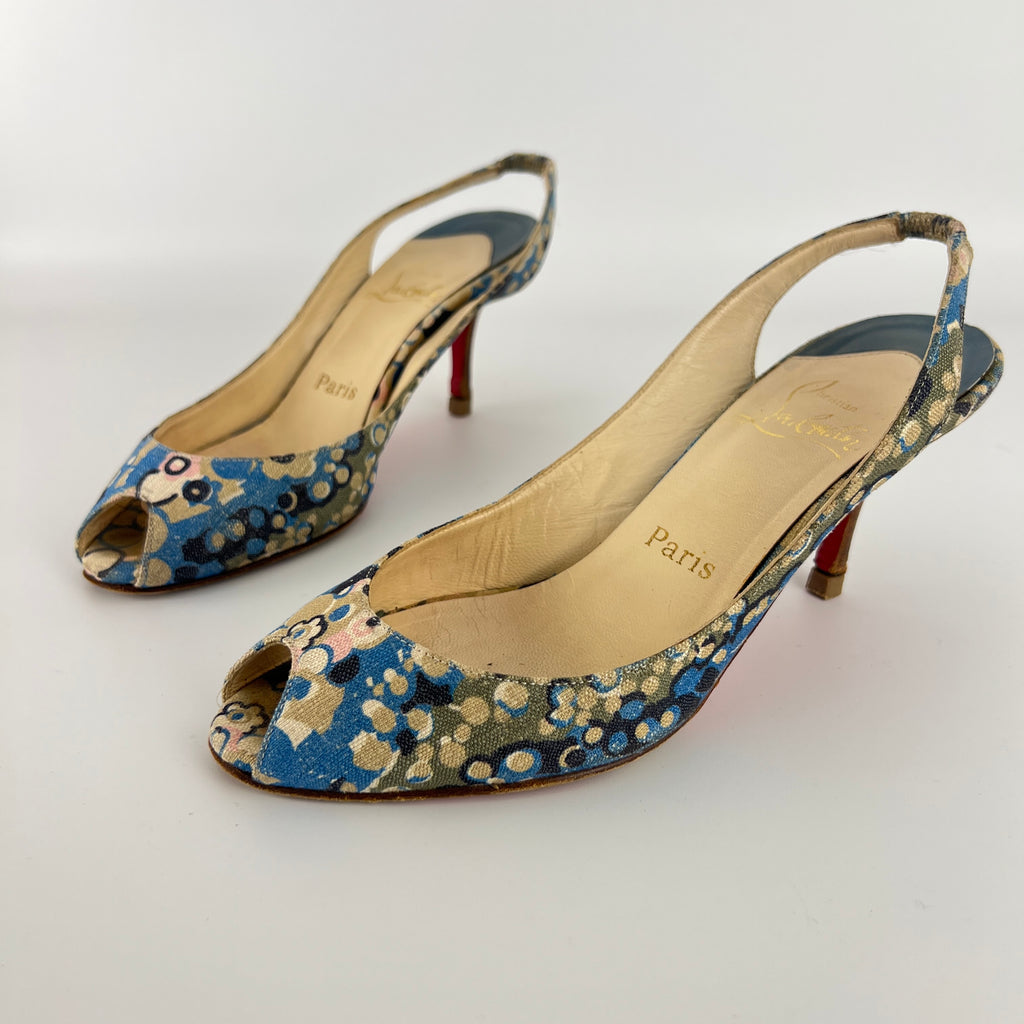 Louboutin | Materna Blue Floral Fabric Peep Toe Slingback Leather Pumps Rare (37)