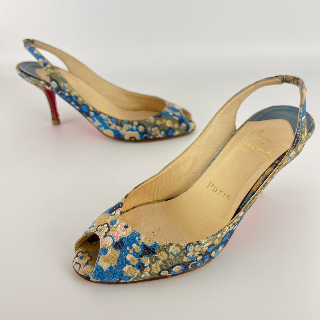 Louboutin | Materna Blue Floral Fabric Peep Toe Slingback Leather Pumps Rare (37)