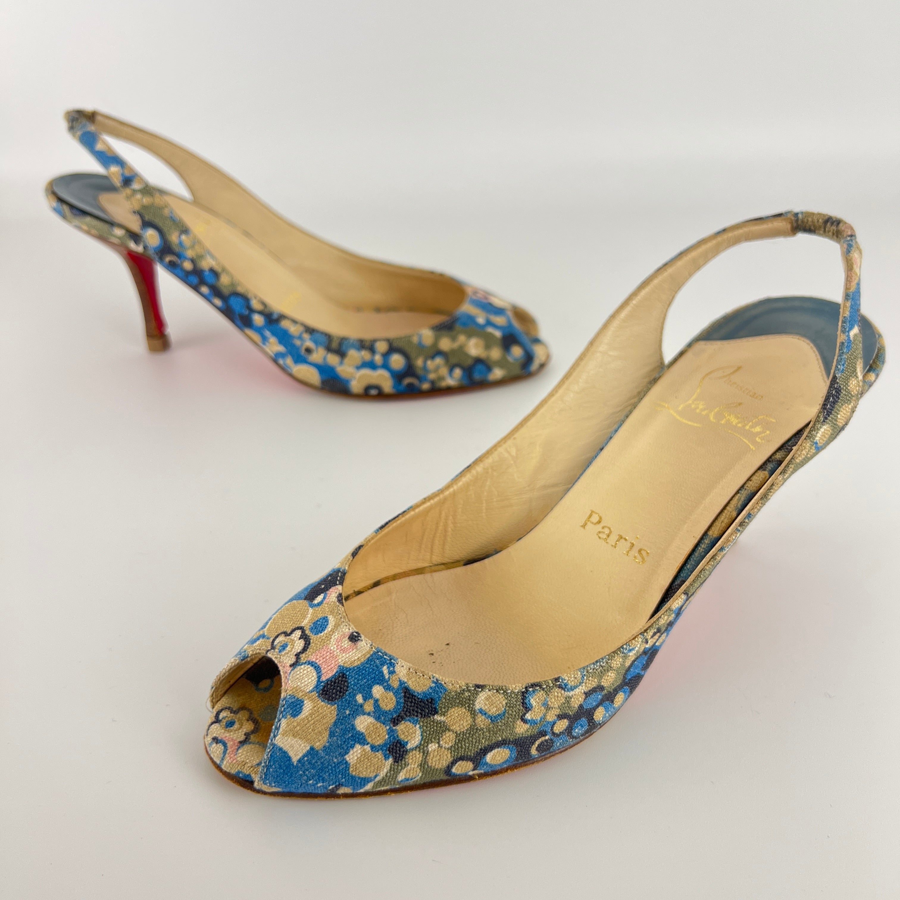 Louboutin | Materna Blue Floral Fabric Peep Toe Slingback Leather Pumps Rare (37)