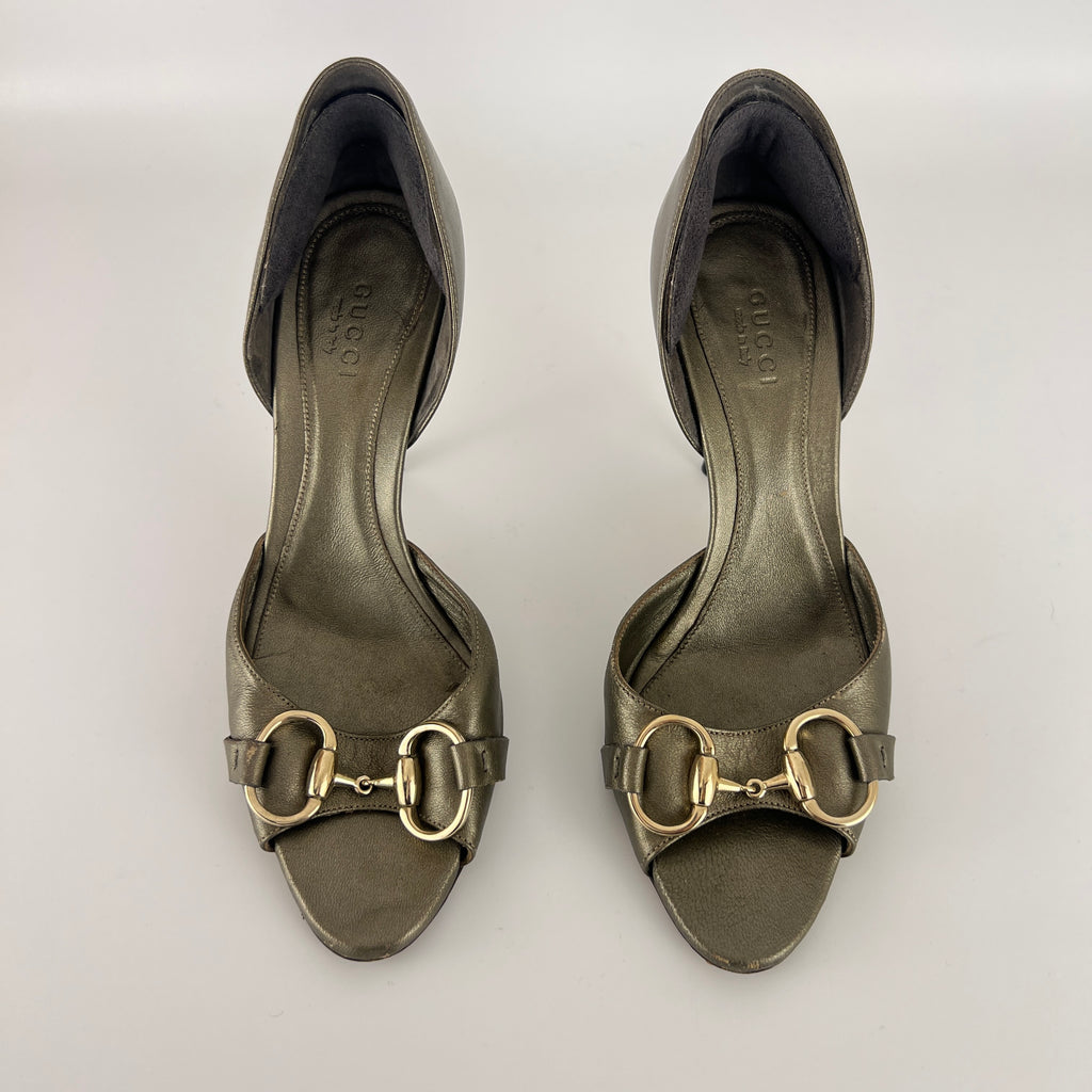 Gucci | Khaki Green Leather Silver Horse Bit D'Orsay Stiletto Pumps (35)