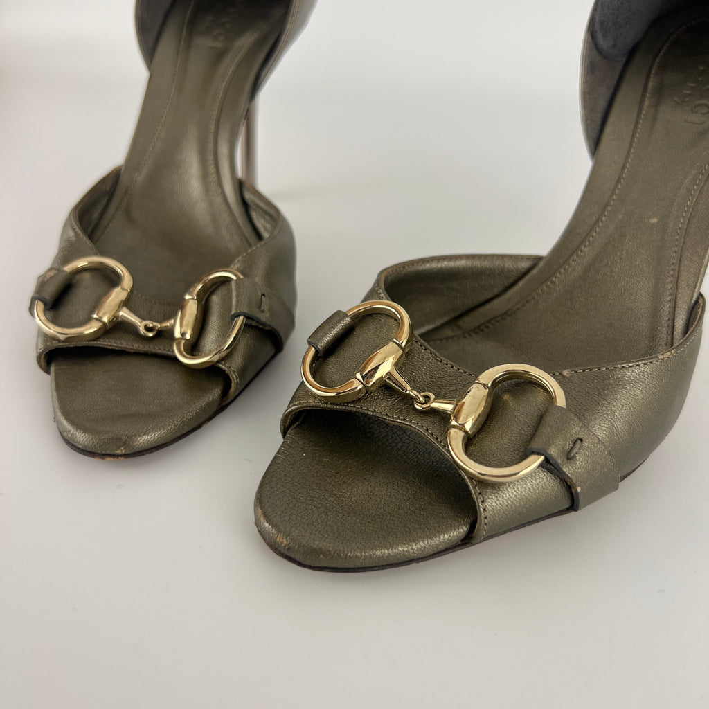 Gucci | Khaki Green Leather Silver Horse Bit D'Orsay Stiletto Pumps (35)