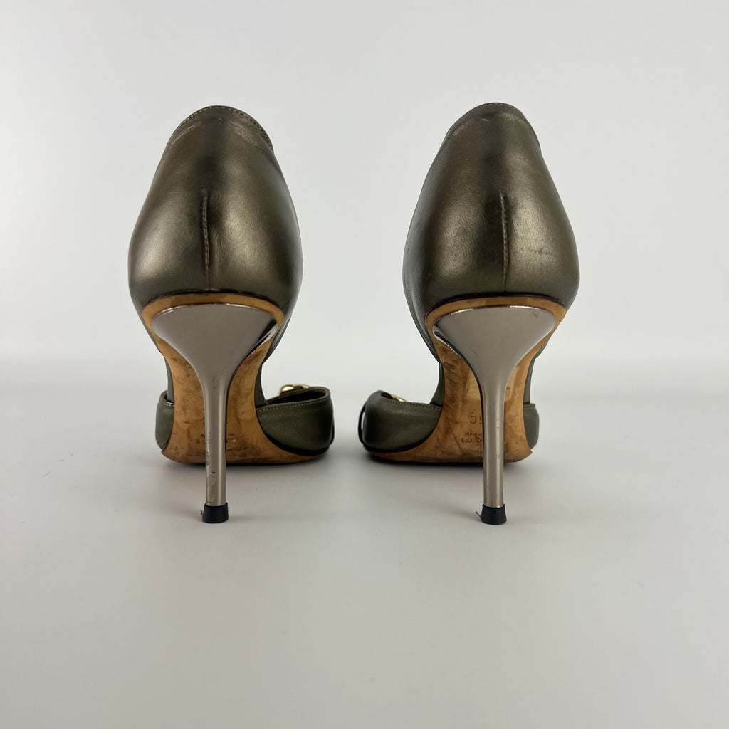 Gucci | Khaki Green Leather Silver Horse Bit D'Orsay Stiletto Pumps (35)