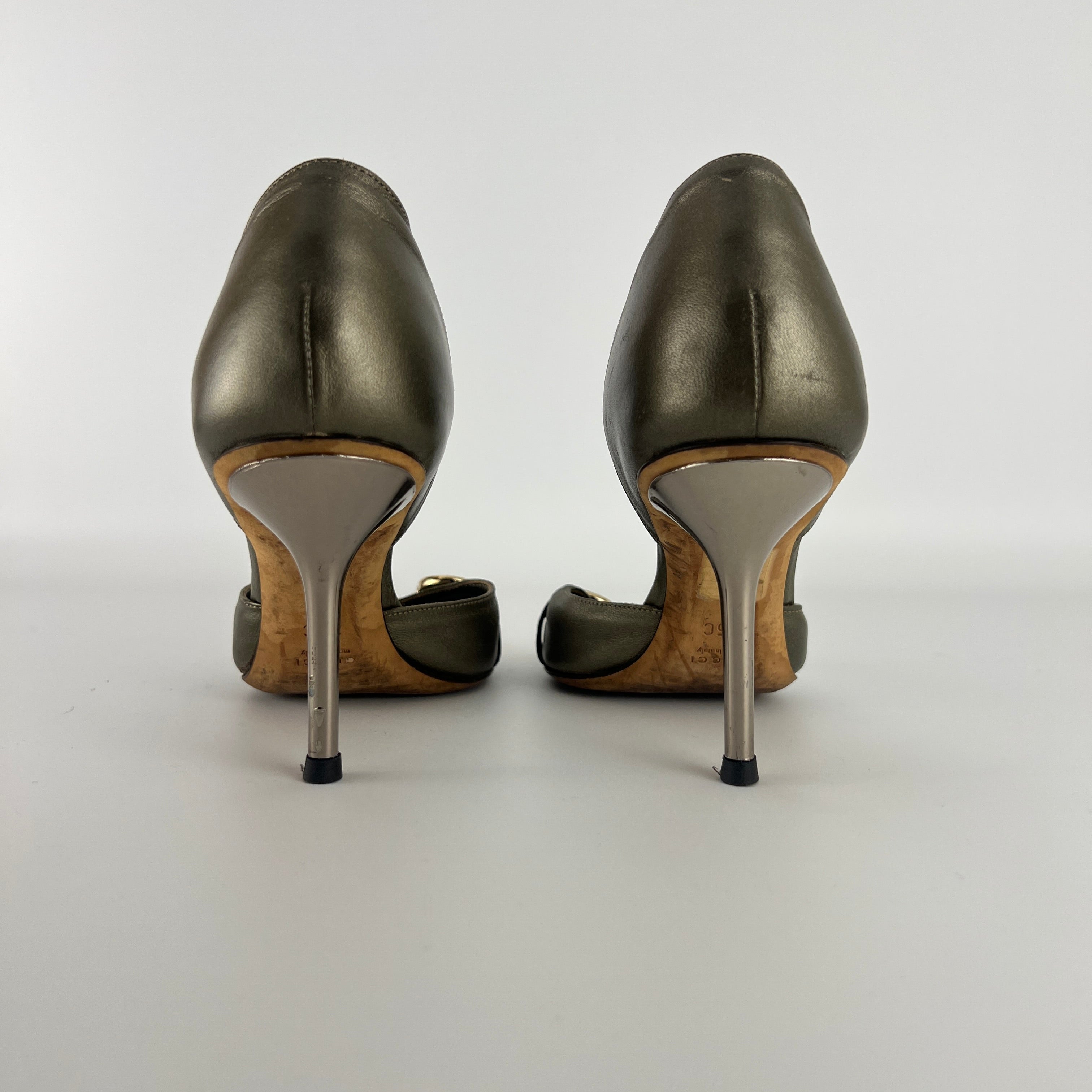 Gucci | Khaki Green Leather Silver Horse Bit D'Orsay Stiletto Pumps (35)