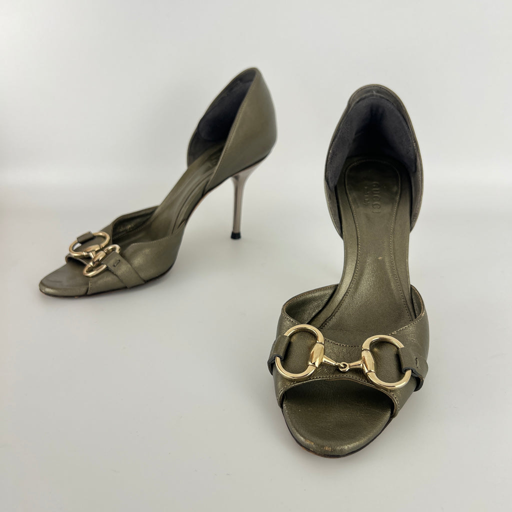 Gucci | Khaki Green Leather Silver Horse Bit D'Orsay Stiletto Pumps (35)