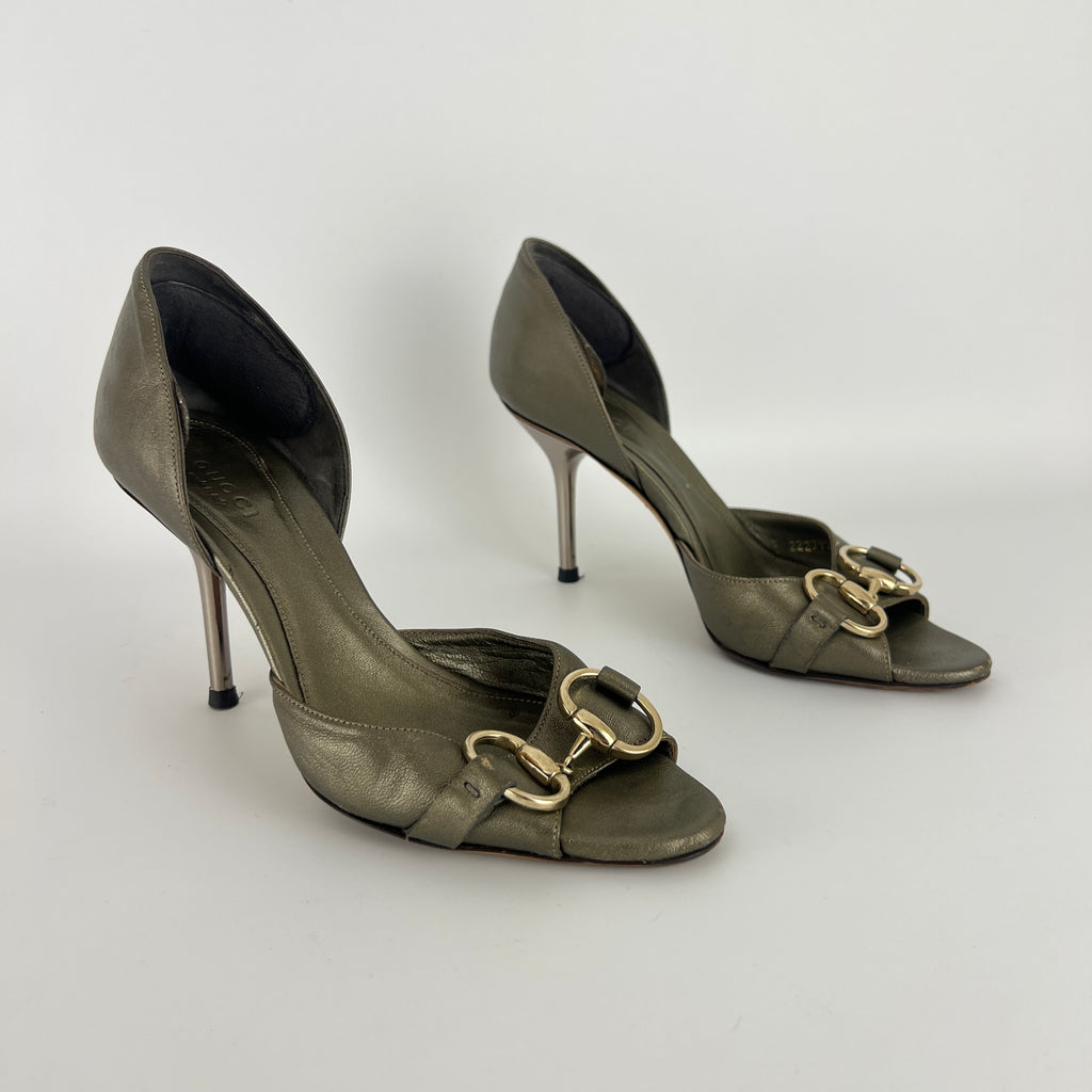 Gucci | Khaki Green Leather Silver Horse Bit D'Orsay Stiletto Pumps (35)