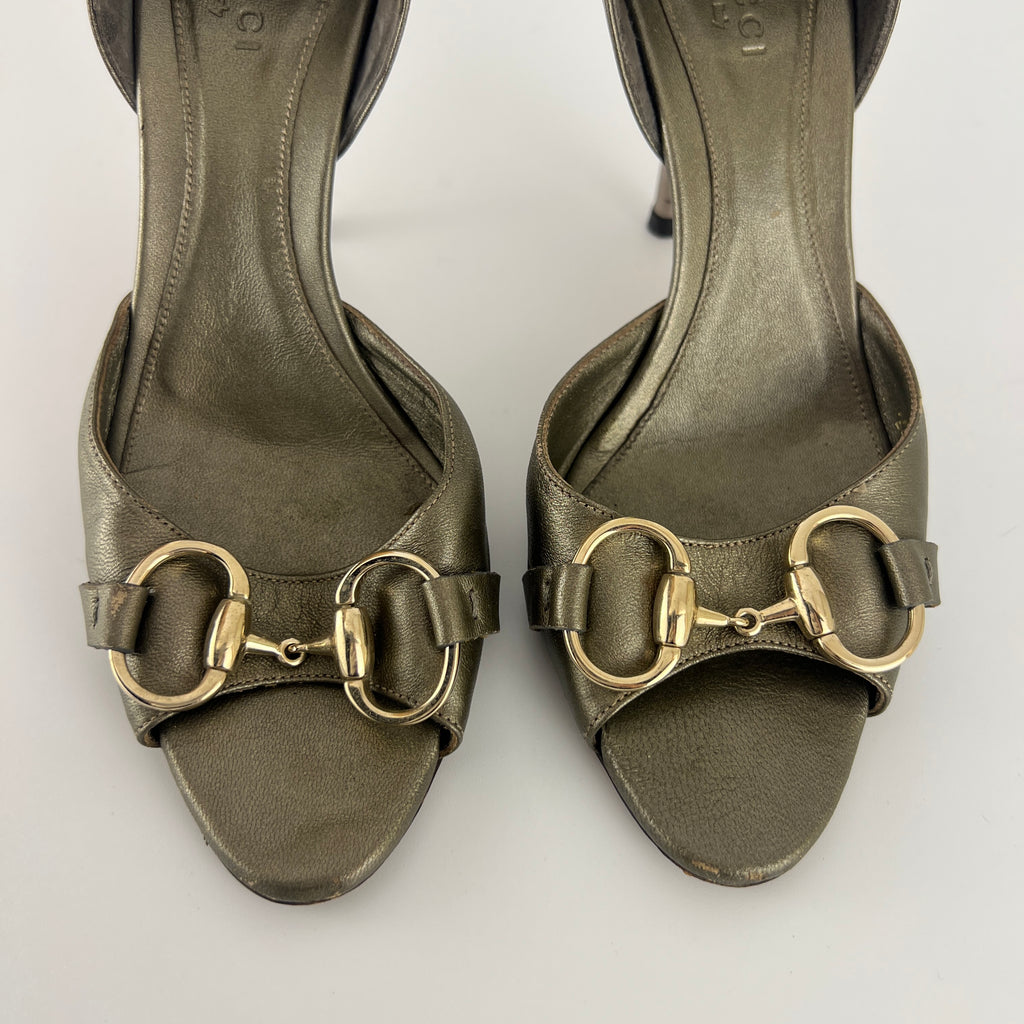 Gucci | Khaki Green Leather Silver Horse Bit D'Orsay Stiletto Pumps (35)