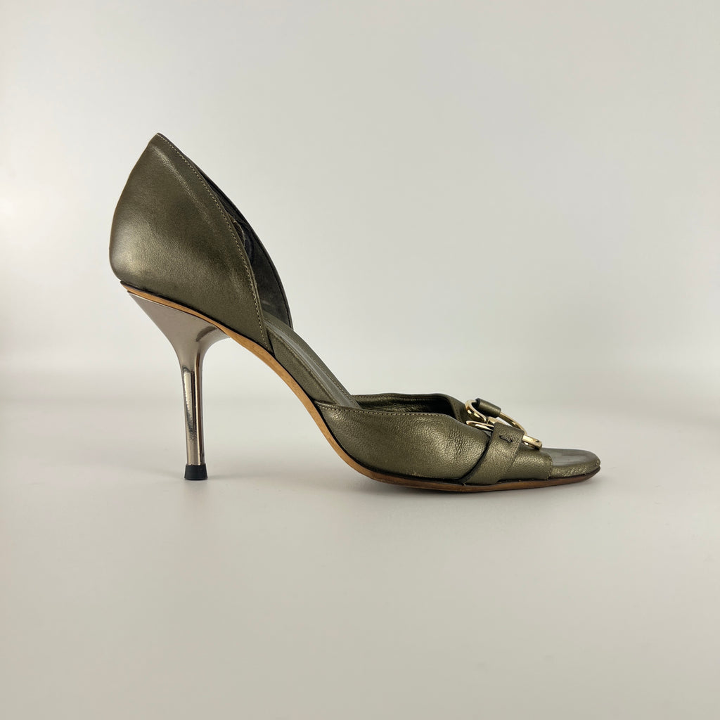 Gucci | Khaki Green Leather Silver Horse Bit D'Orsay Stiletto Pumps (35)