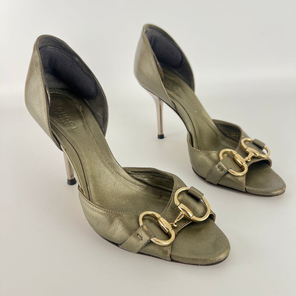 Gucci | Khaki Green Leather Silver Horse Bit D'Orsay Stiletto Pumps (35)