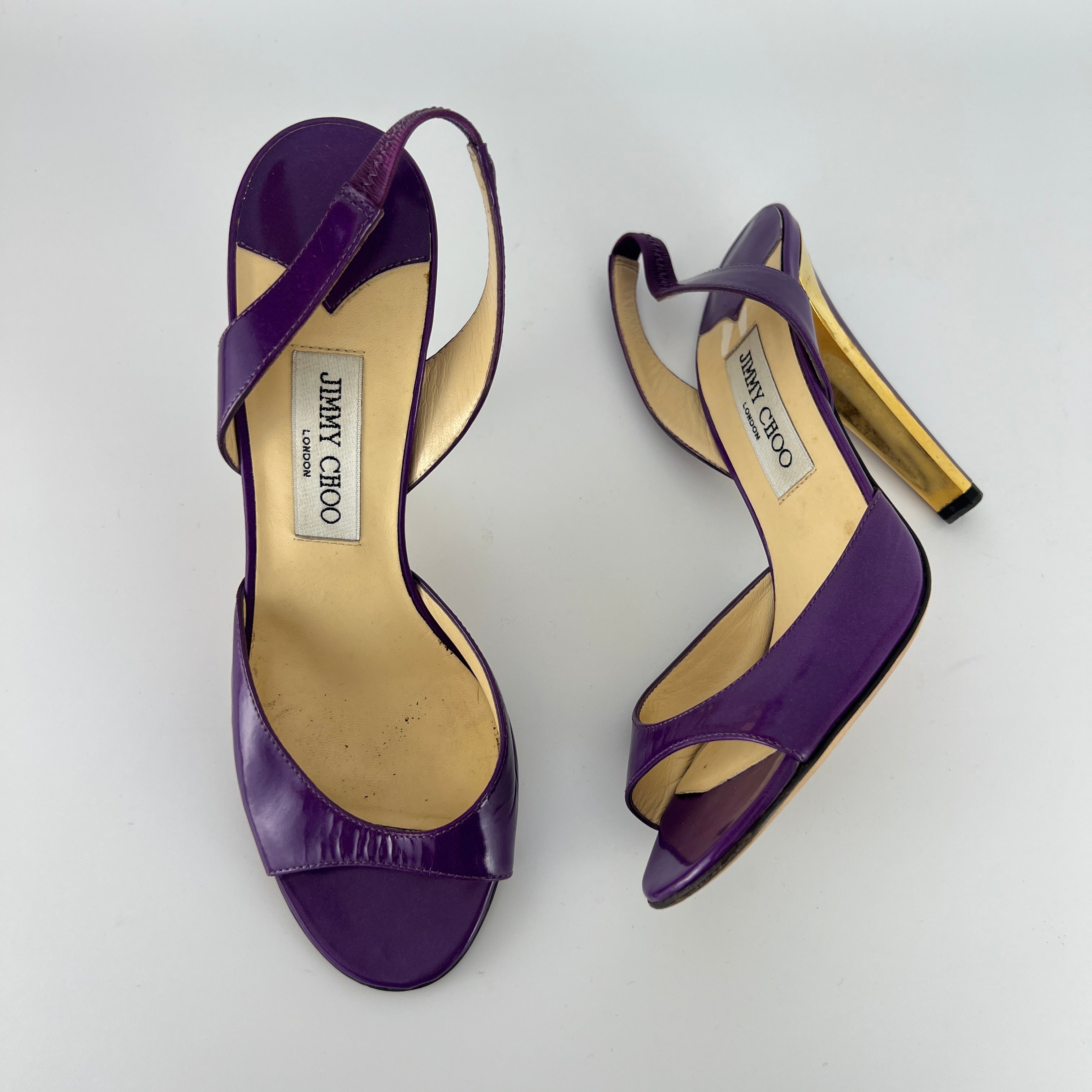 Jimmy Choo | Kennedy Purple Patent Leather Slingback Gold Heel (38.5)