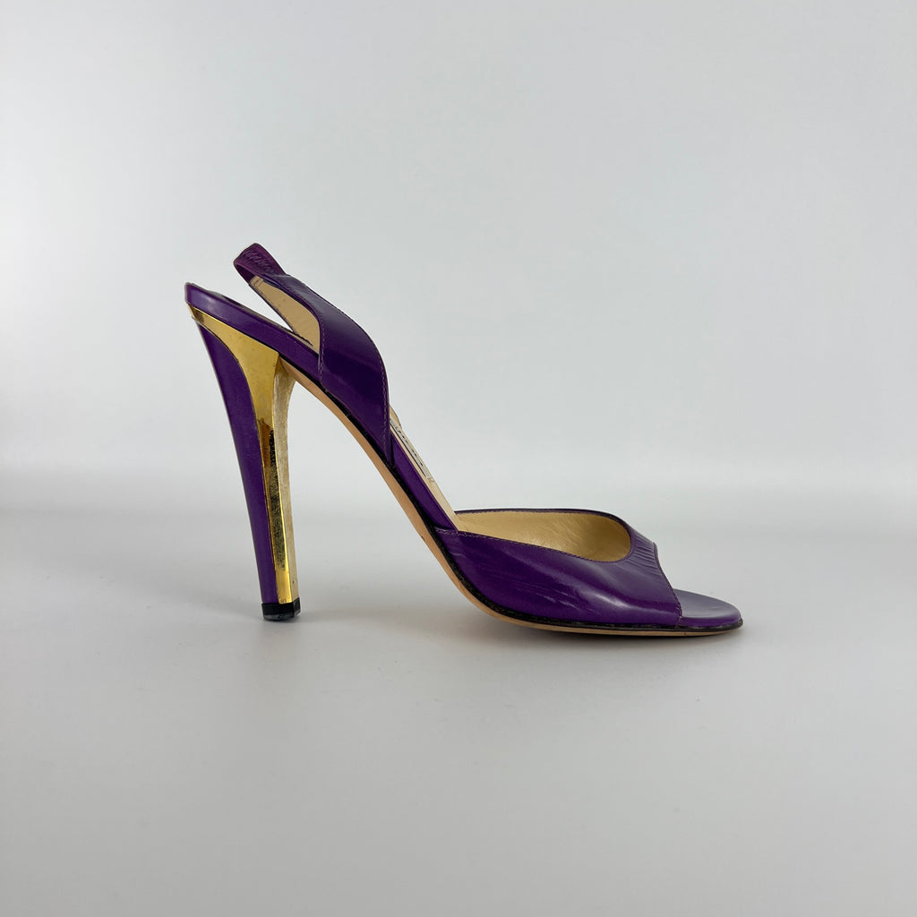 Jimmy Choo | Kennedy Purple Patent Leather Slingback Gold Heel (38.5)