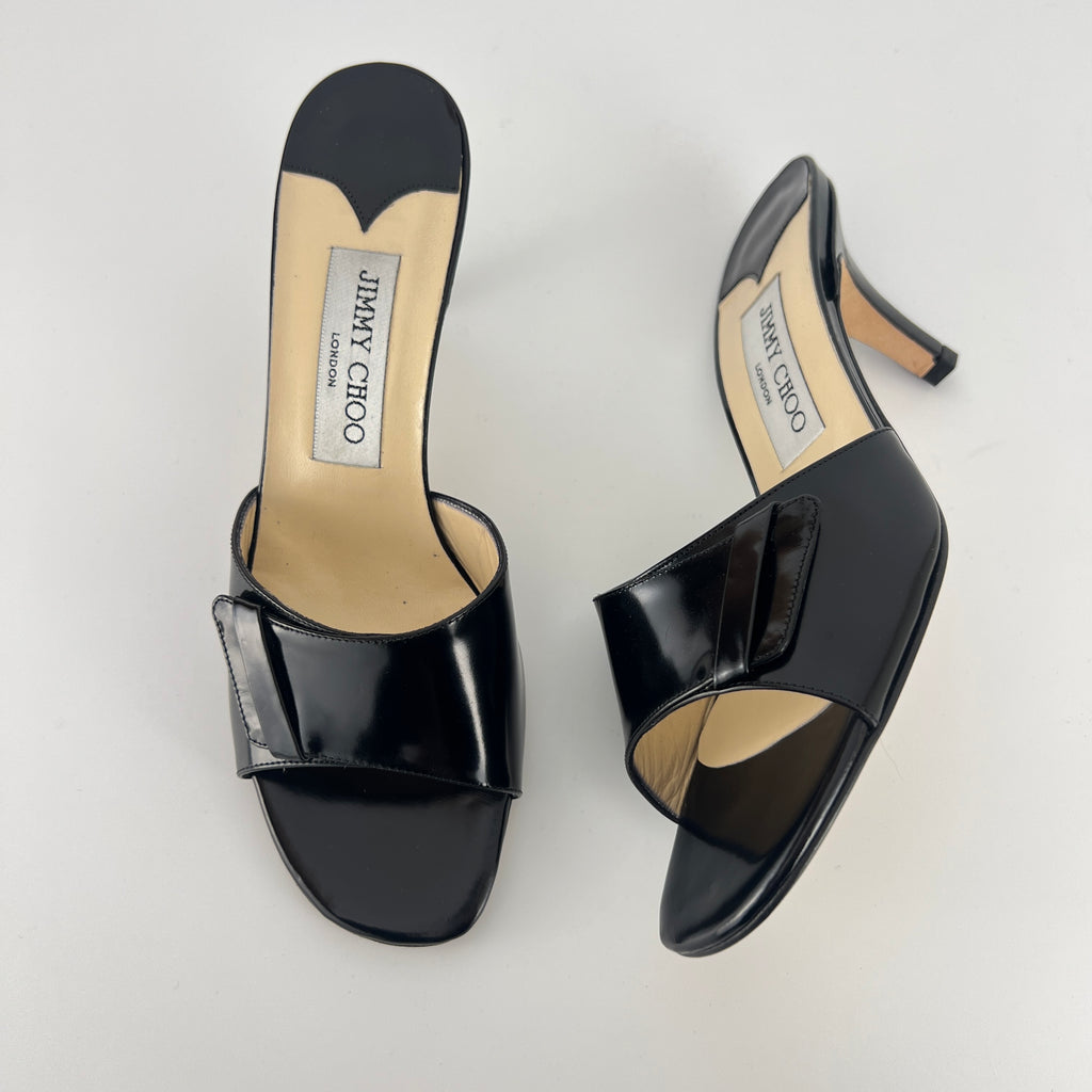 Jimmy Choo | Black Patent Leather Strap Slide Sandal Mules (36)