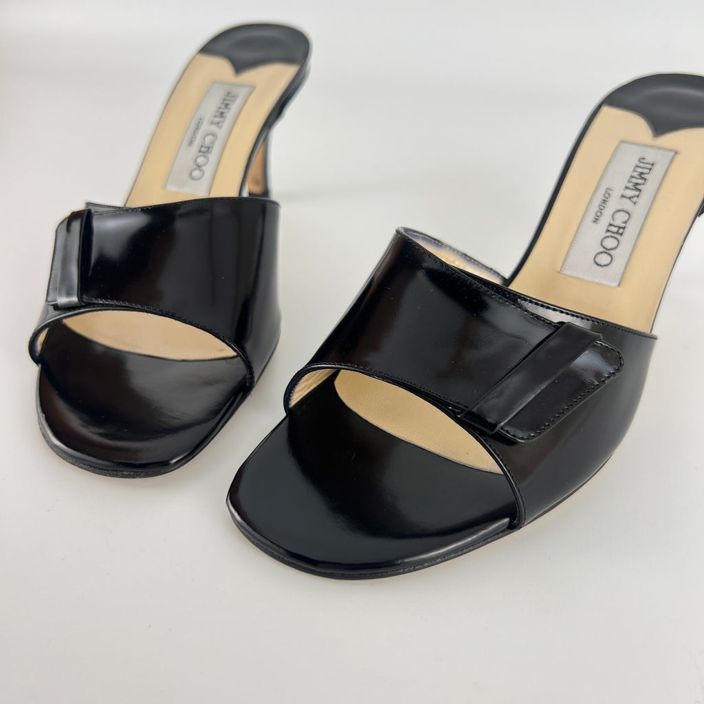 Jimmy Choo | Black Patent Leather Strap Slide Sandal Mules (36)