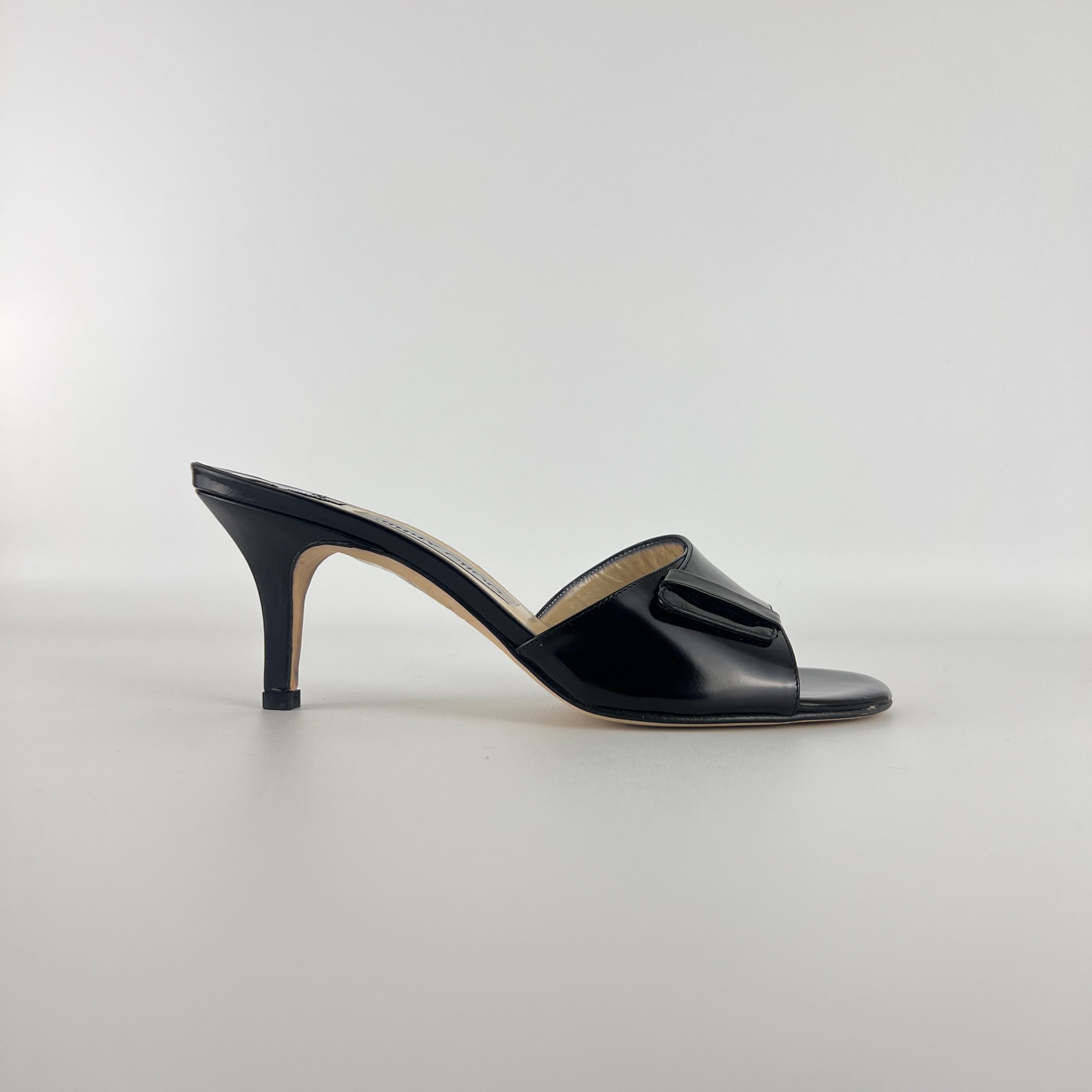 Jimmy Choo | Black Patent Leather Strap Slide Sandal Mules (36)