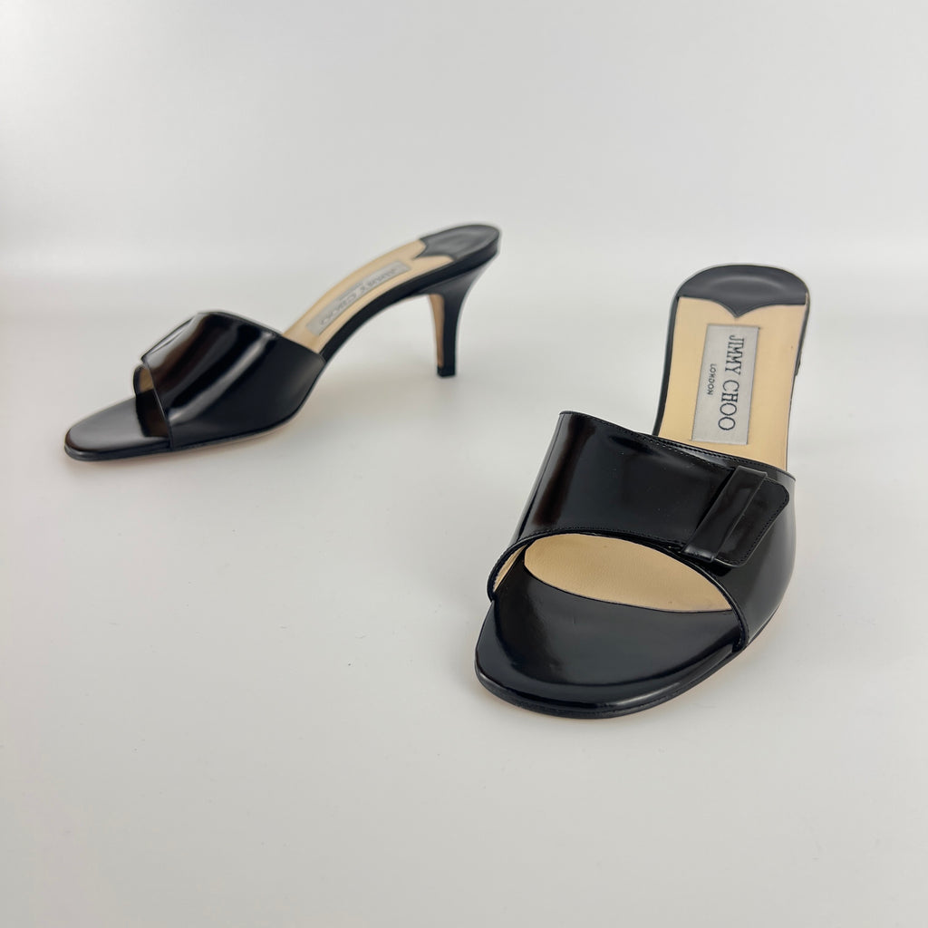 Jimmy Choo | Black Patent Leather Strap Slide Sandal Mules (36)
