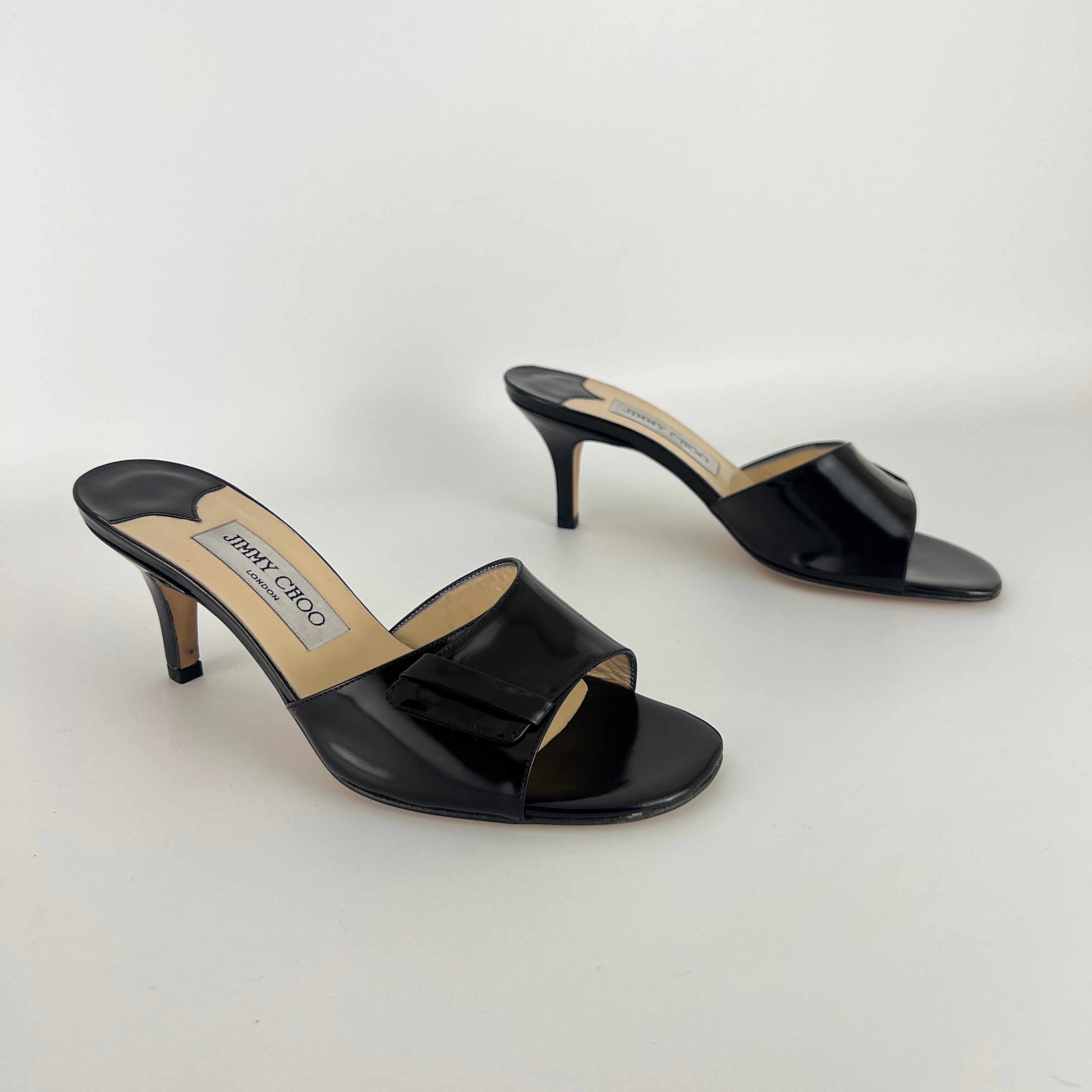 Jimmy Choo | Black Patent Leather Strap Slide Sandal Mules (36)