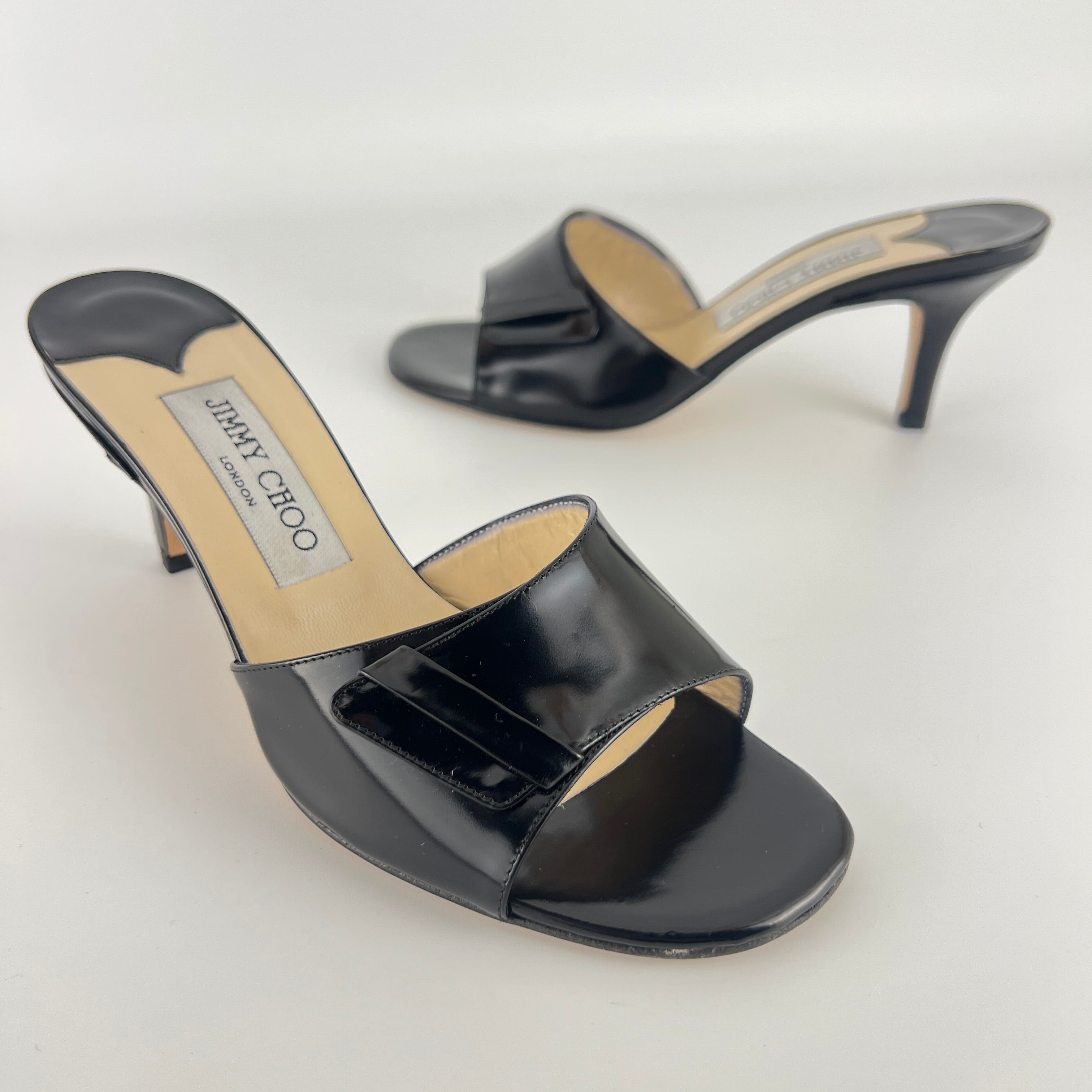 Jimmy Choo | Black Patent Leather Strap Slide Sandal Mules (36)