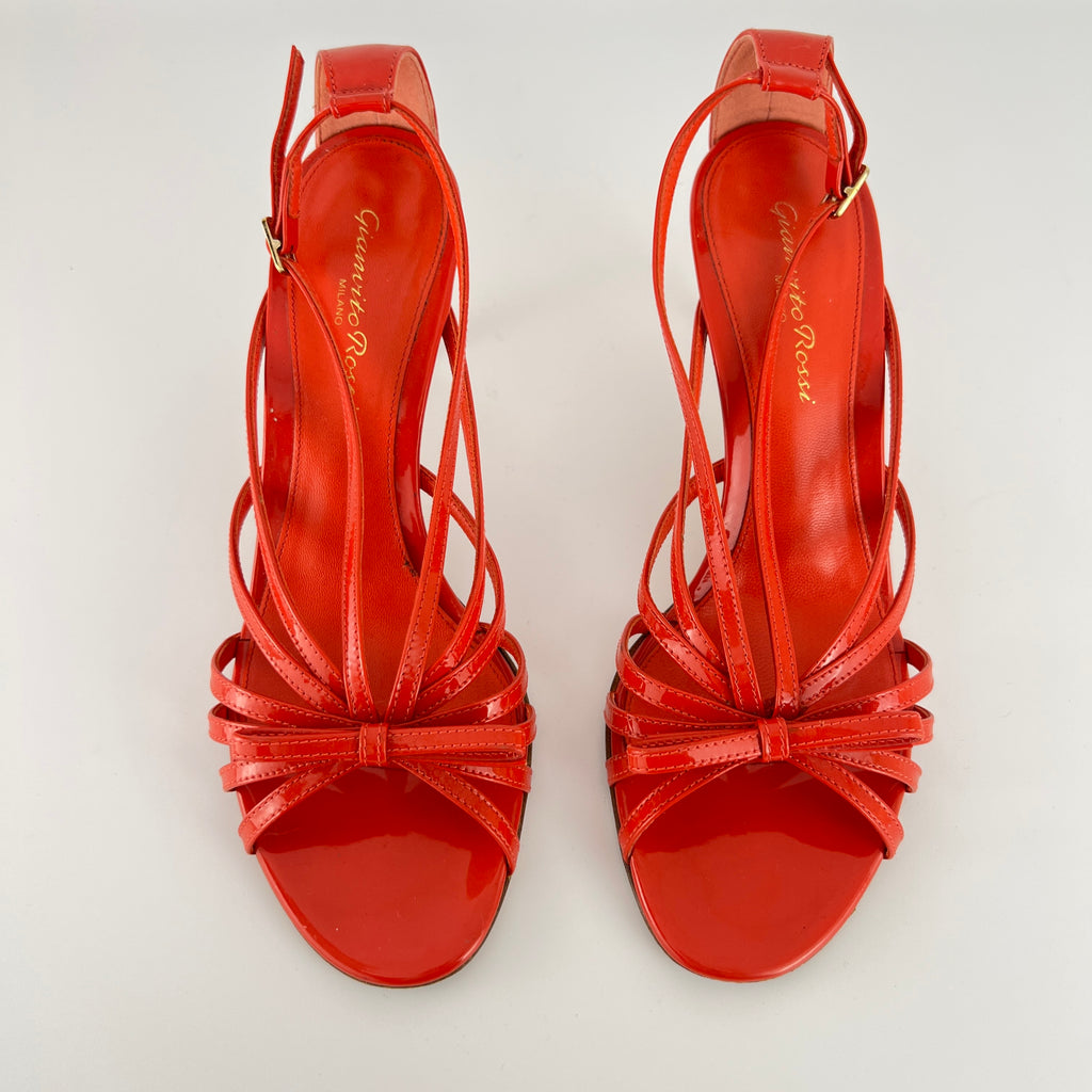 Gianvito Rossi | Red Patent Leather Bow Strappy Sandal Stiletto Heels (37)