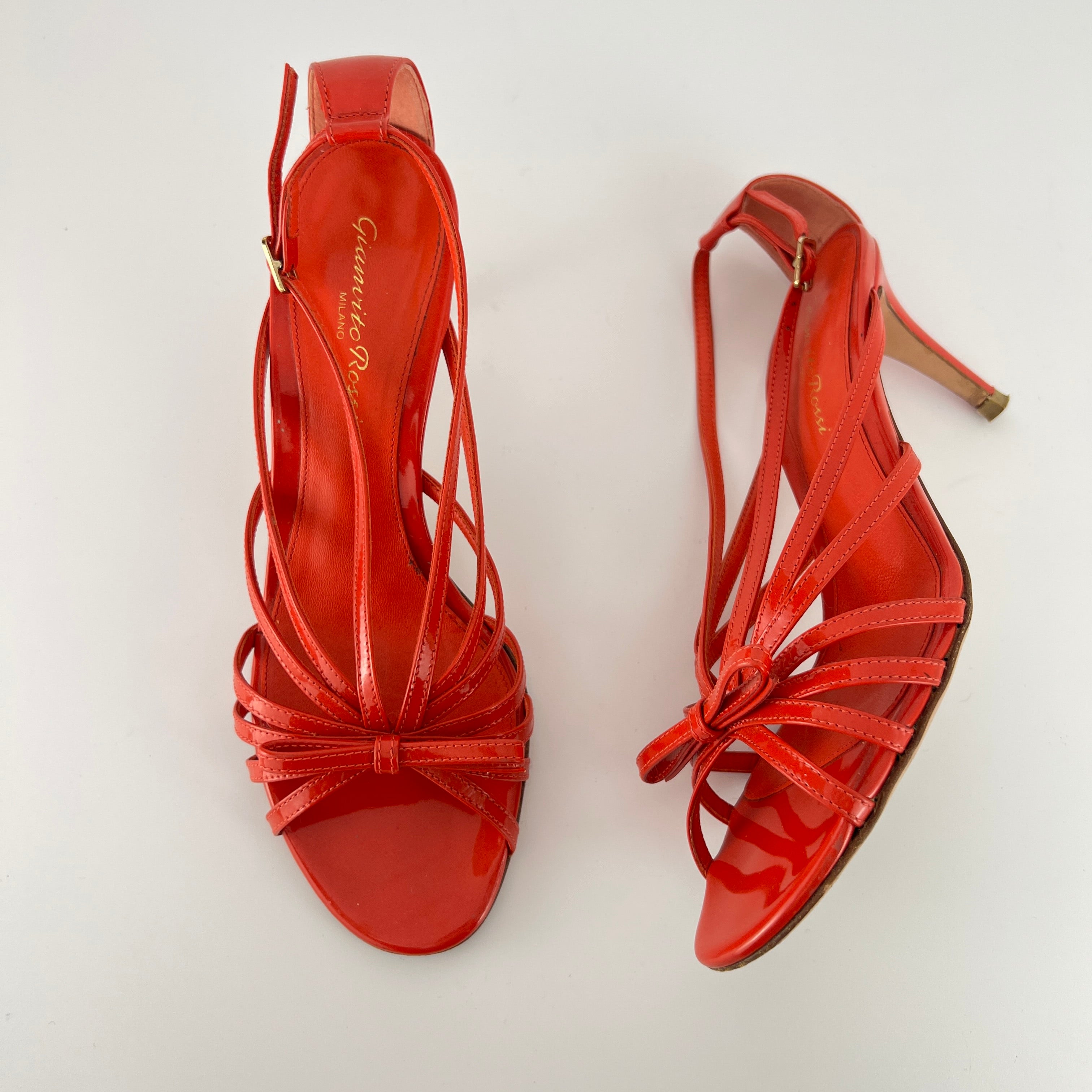 Gianvito Rossi | Red Patent Leather Bow Strappy Sandal Stiletto Heels (37)