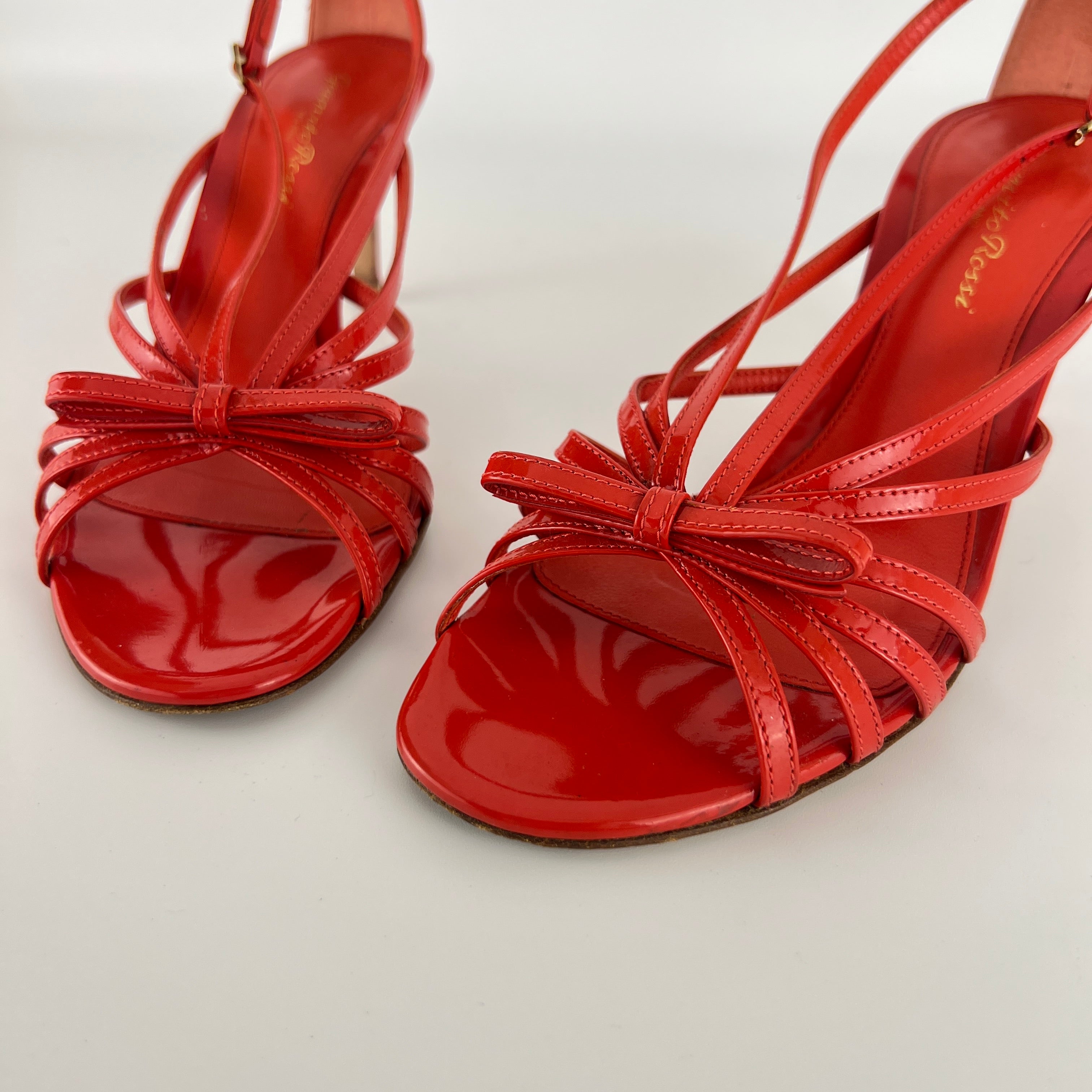 Gianvito Rossi | Red Patent Leather Bow Strappy Sandal Stiletto Heels (37)