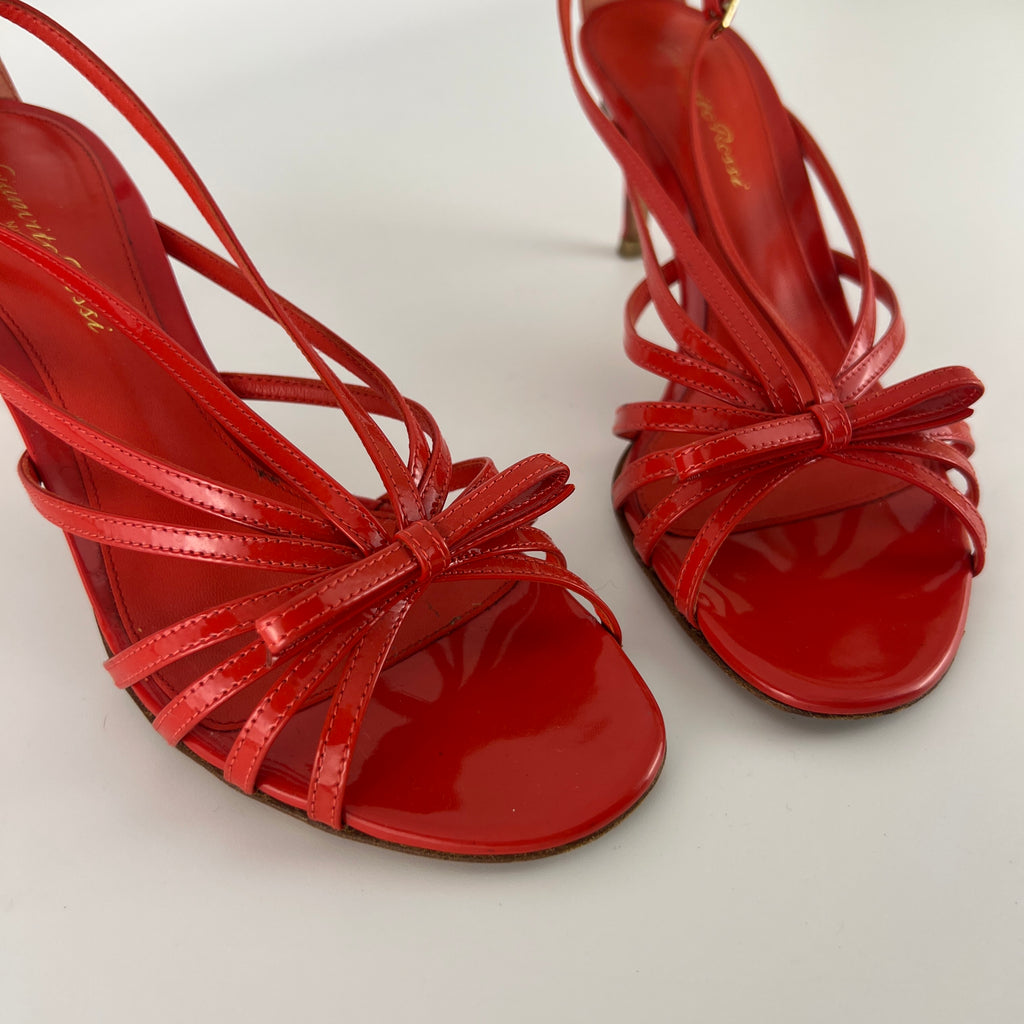 Gianvito Rossi | Red Patent Leather Bow Strappy Sandal Stiletto Heels (37)