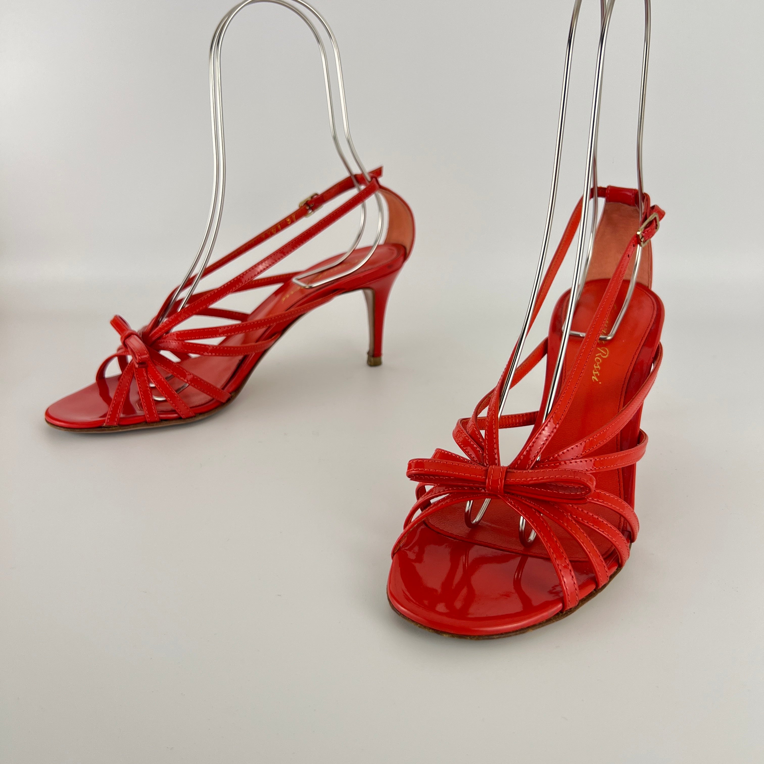 Gianvito Rossi | Red Patent Leather Bow Strappy Sandal Stiletto Heels (37)