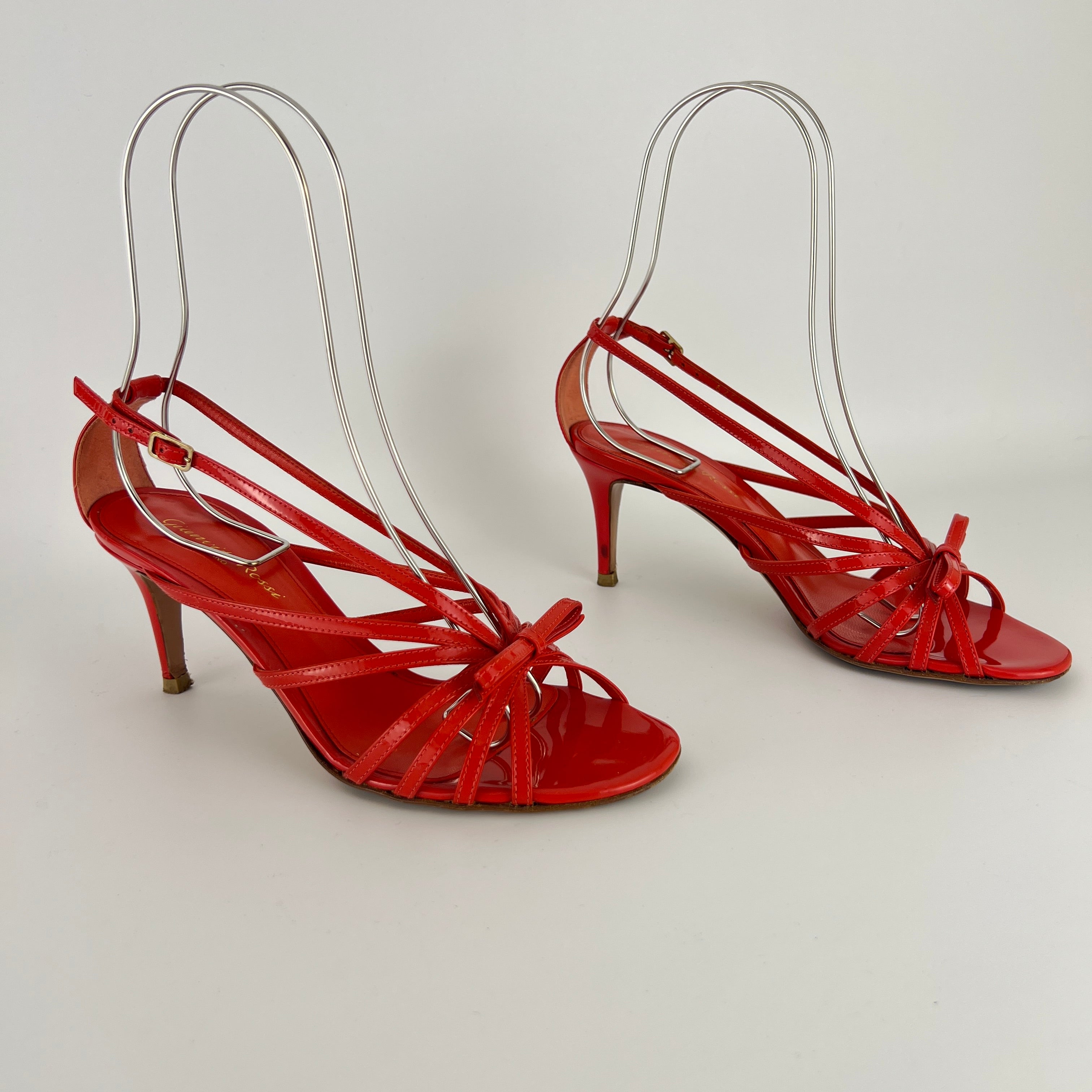 Gianvito Rossi | Red Patent Leather Bow Strappy Sandal Stiletto Heels (37)