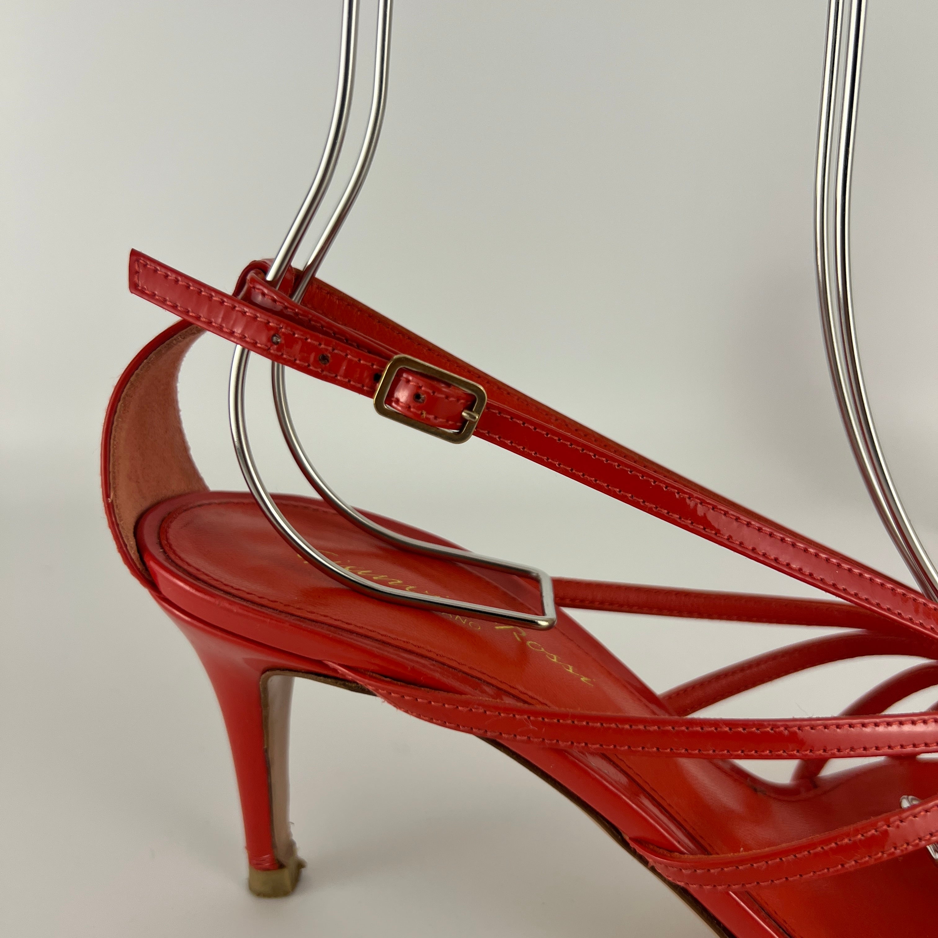 Gianvito Rossi | Red Patent Leather Bow Strappy Sandal Stiletto Heels (37)