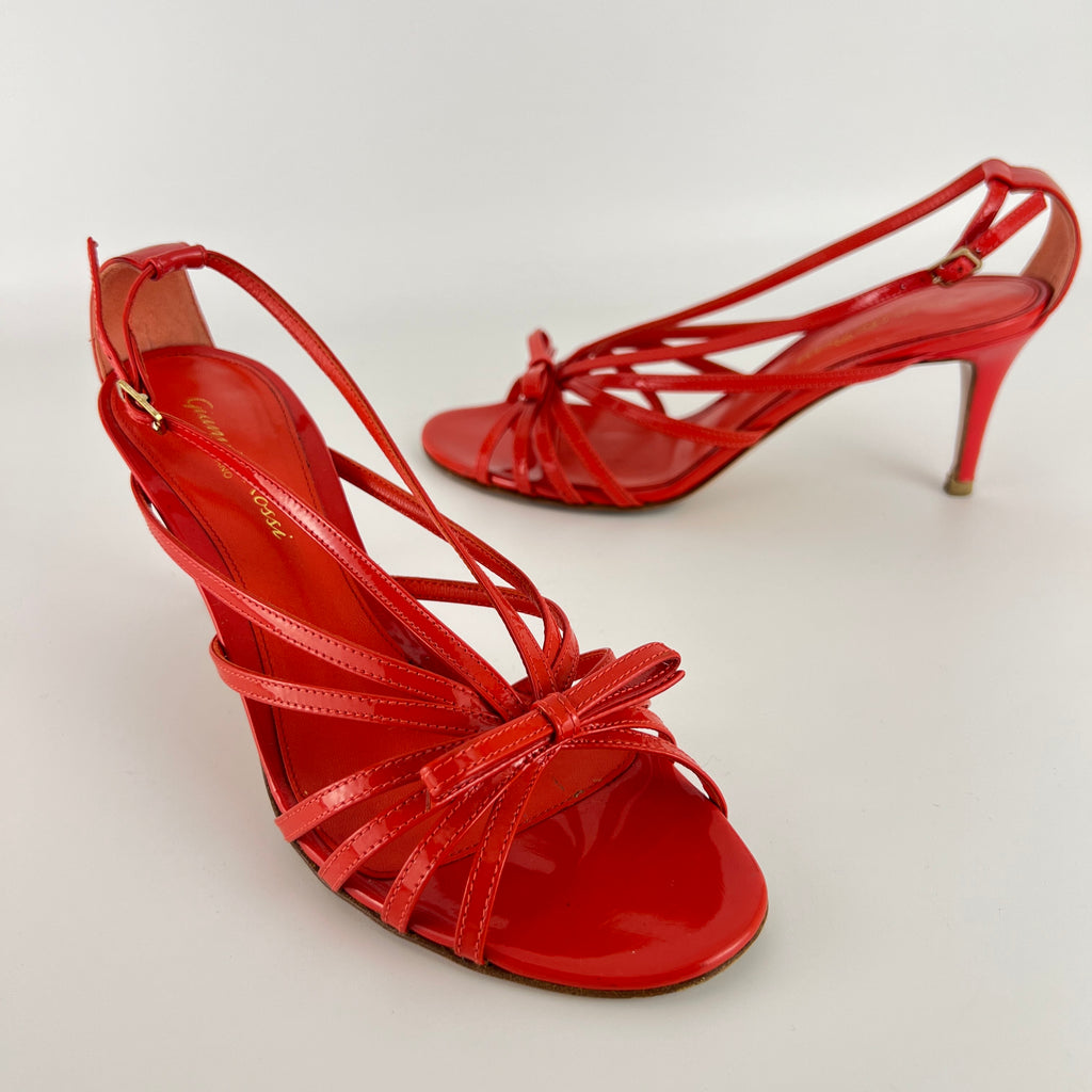 Gianvito Rossi | Red Patent Leather Bow Strappy Sandal Stiletto Heels (37)