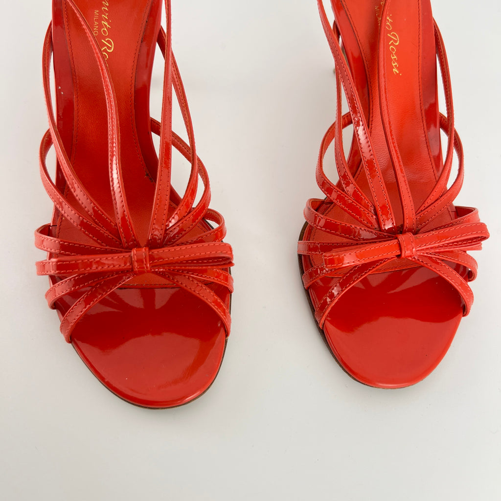 Gianvito Rossi | Red Patent Leather Bow Strappy Sandal Stiletto Heels (37)