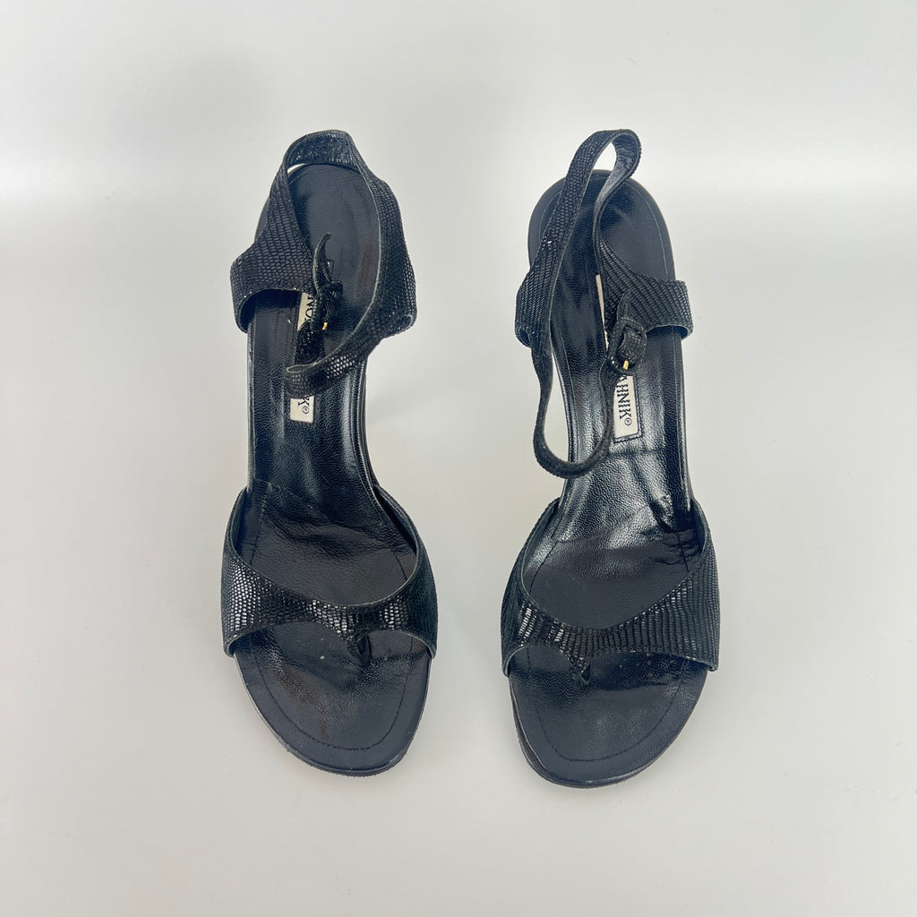 Manolo Blahnik | Vintage Black Shimmer Exotic Embossed Leather Thong Heels (37.5)
