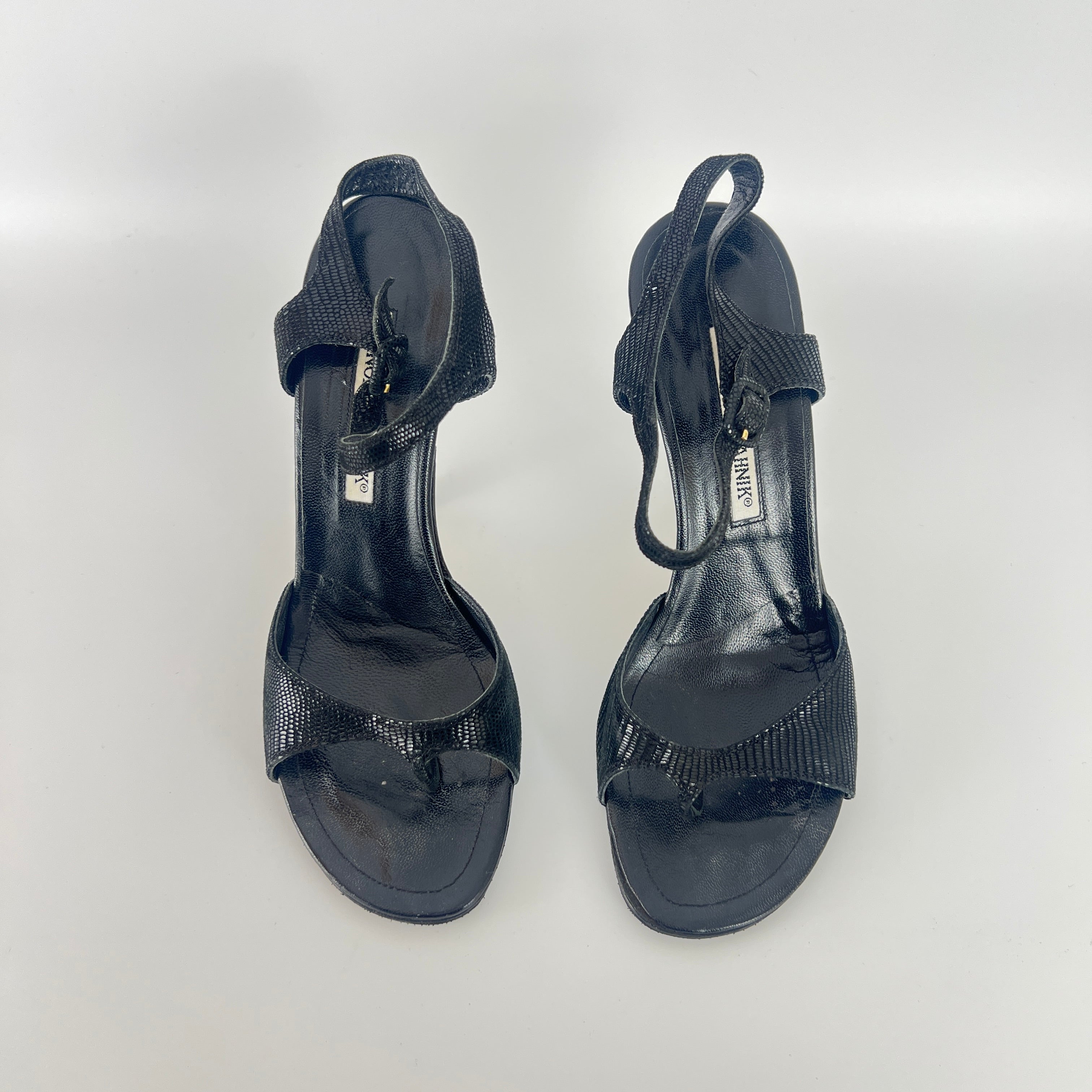 Manolo Blahnik | Vintage Black Shimmer Exotic Embossed Leather Thong Heels (37.5)
