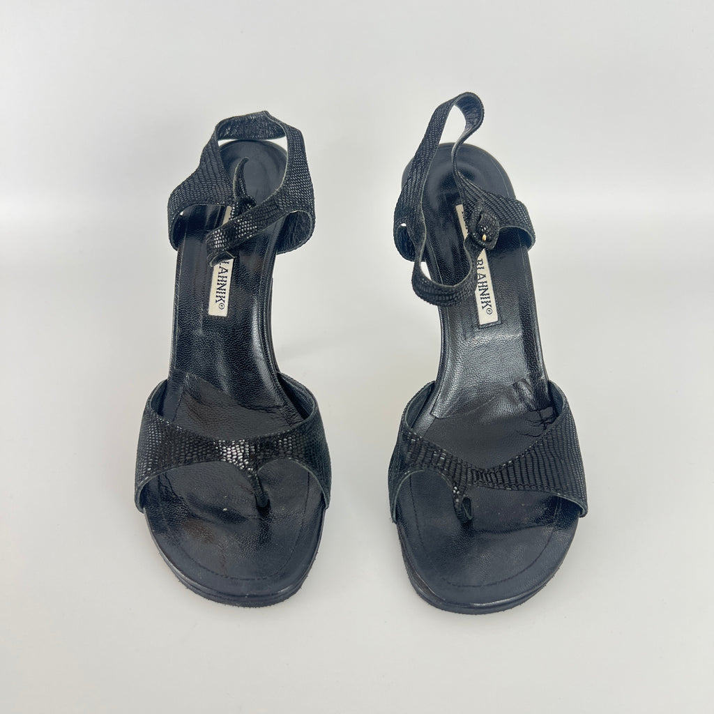 Manolo Blahnik | Vintage Black Shimmer Exotic Embossed Leather Thong Heels (37.5)