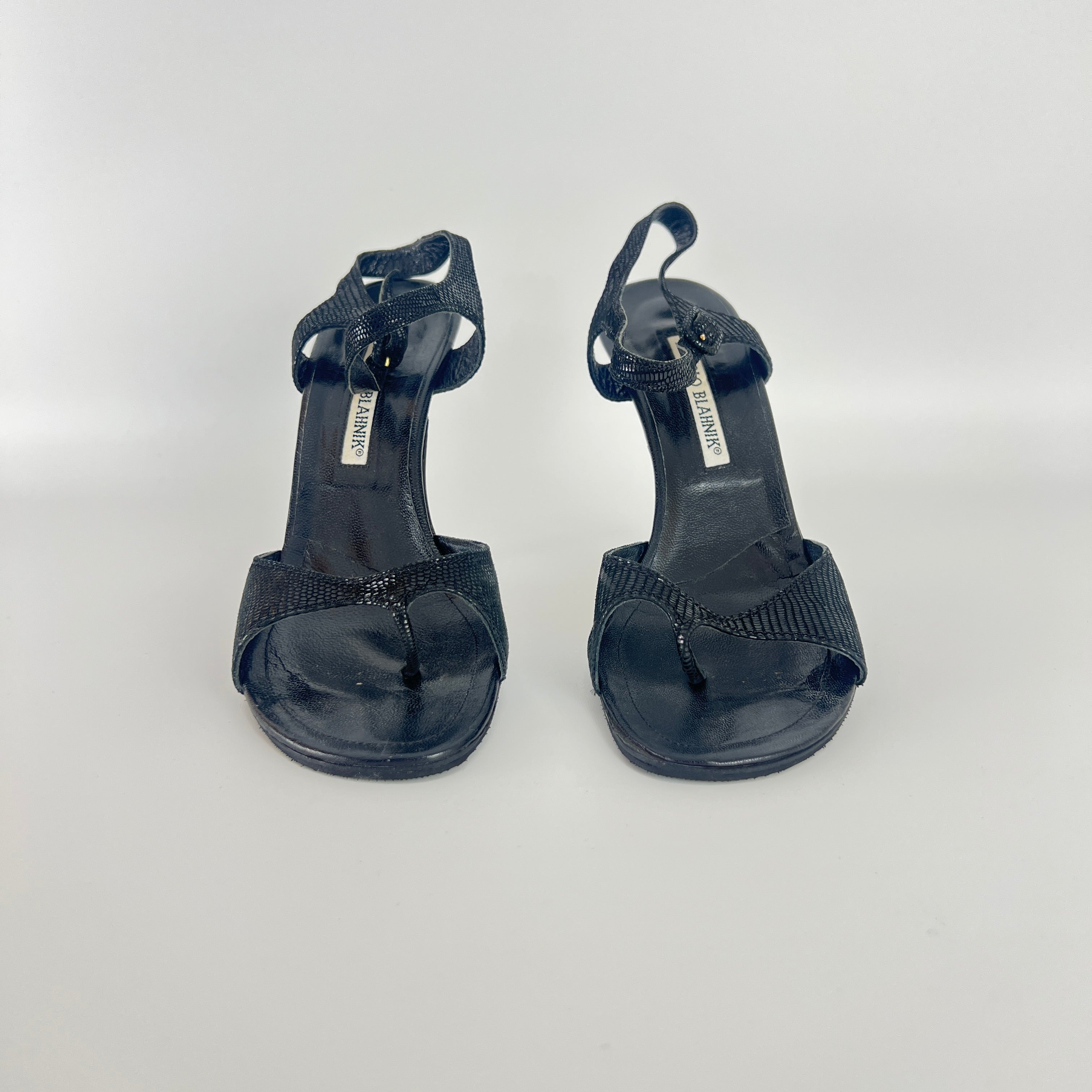 Manolo Blahnik | Vintage Black Shimmer Exotic Embossed Leather Thong Heels (37.5)