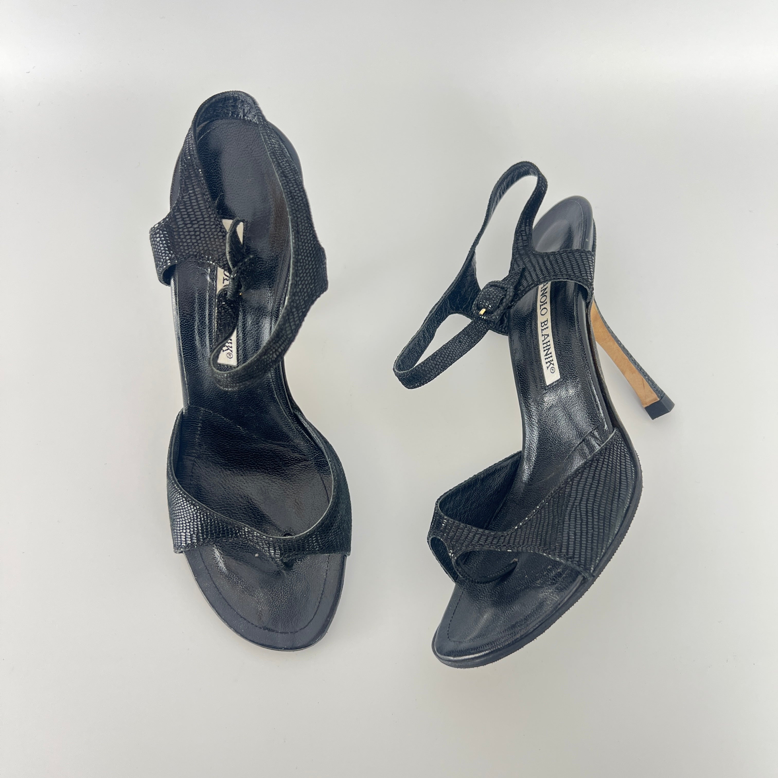 Manolo Blahnik | Vintage Black Shimmer Exotic Embossed Leather Thong Heels (37.5)