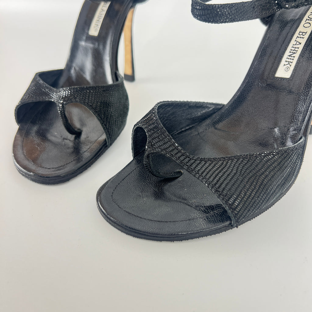 Manolo Blahnik | Vintage Black Shimmer Exotic Embossed Leather Thong Heels (37.5)