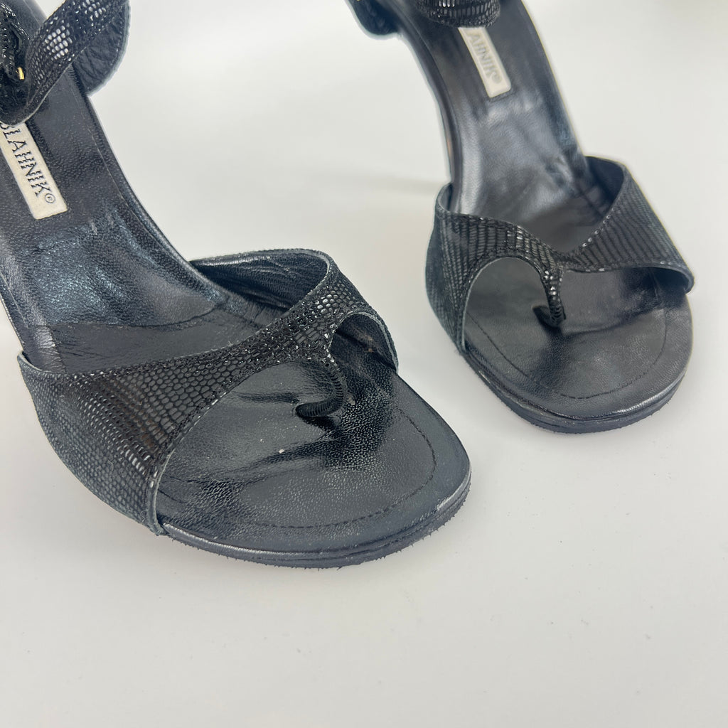 Manolo Blahnik | Vintage Black Shimmer Exotic Embossed Leather Thong Heels (37.5)