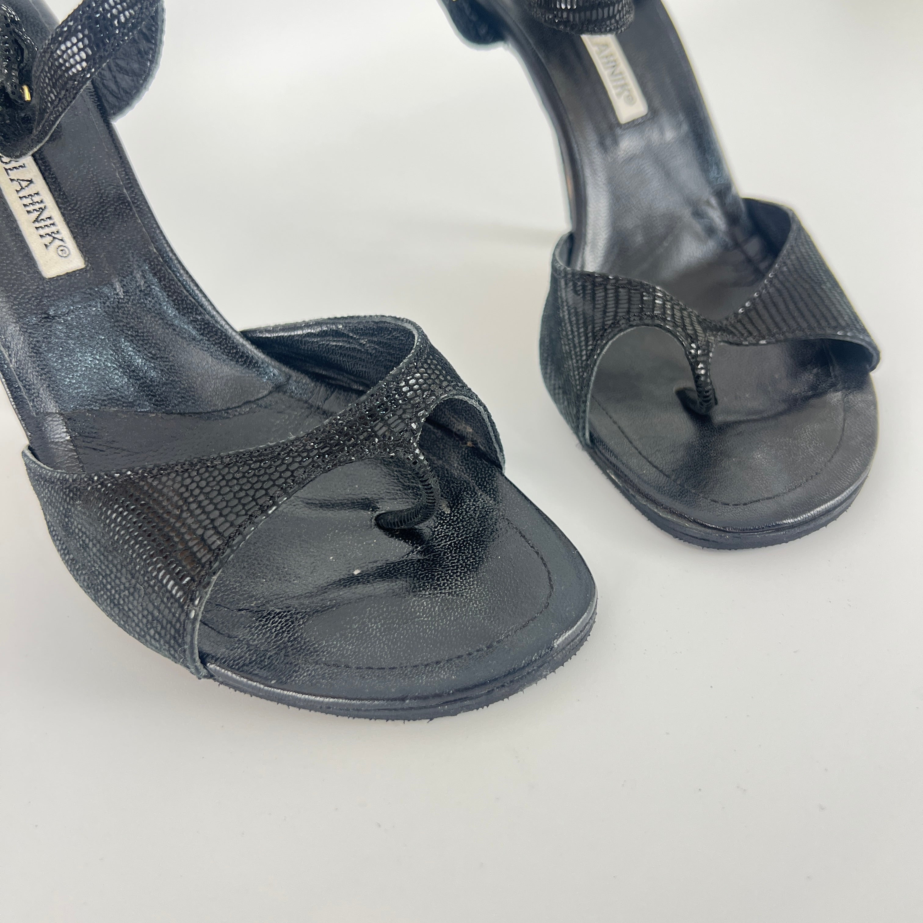 Manolo Blahnik | Vintage Black Shimmer Exotic Embossed Leather Thong Heels (37.5)