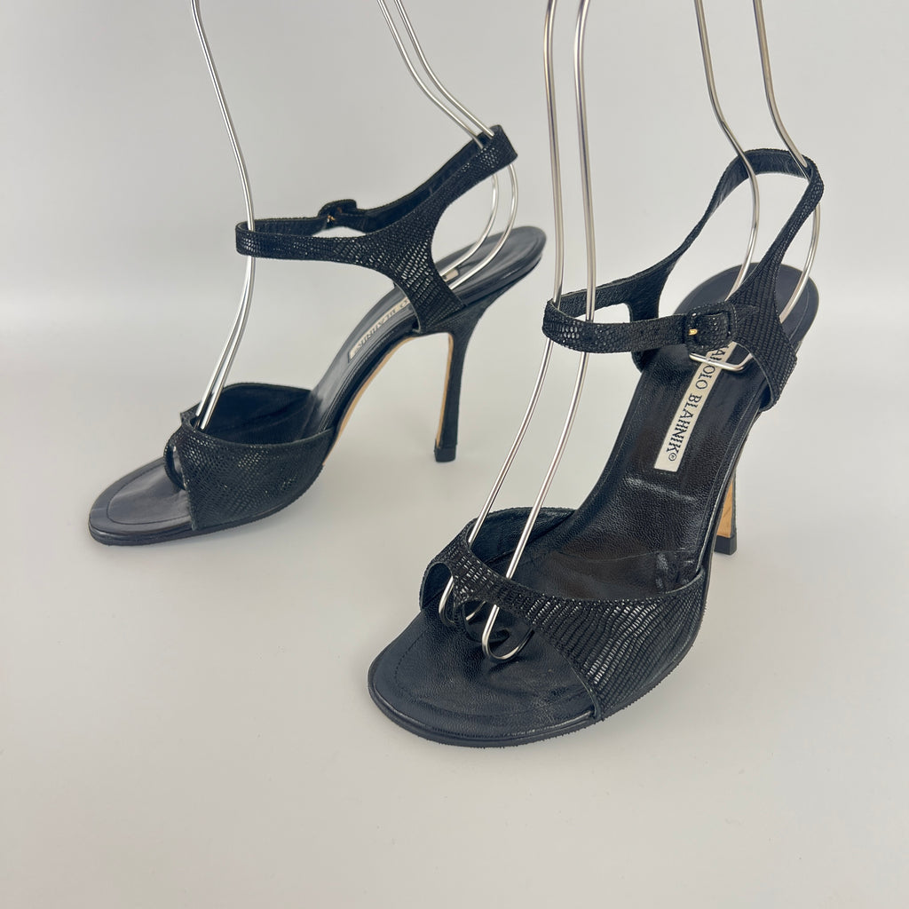 Manolo Blahnik | Vintage Black Shimmer Exotic Embossed Leather Thong Heels (37.5)