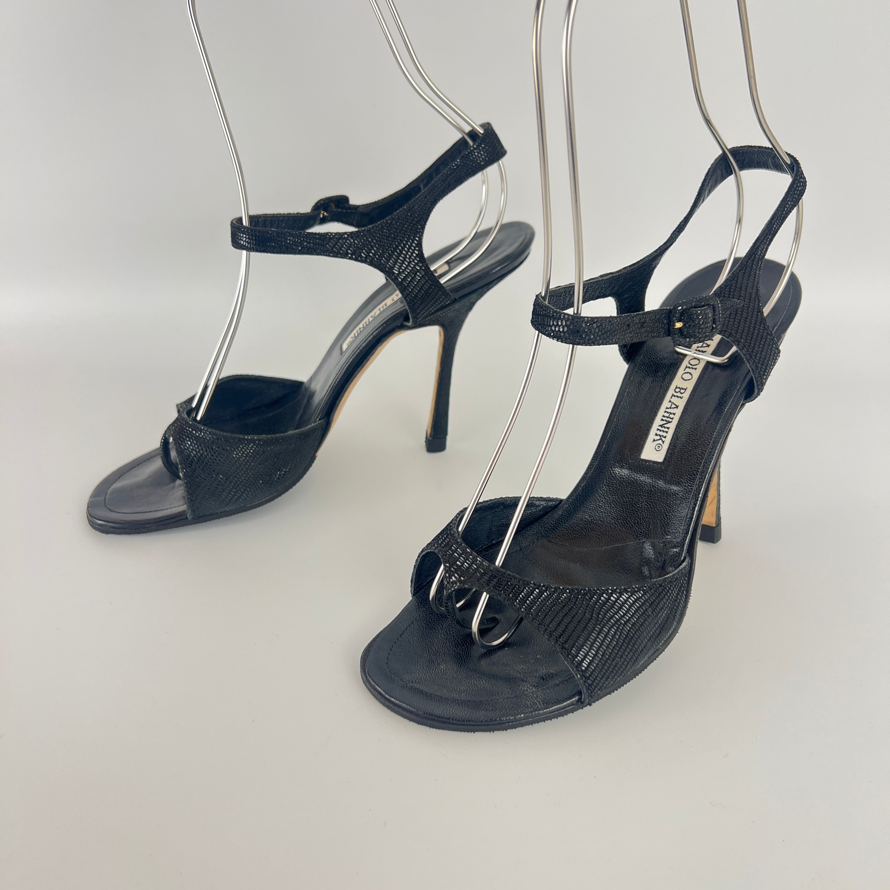 Manolo Blahnik | Vintage Black Shimmer Exotic Embossed Leather Thong Heels (37.5)