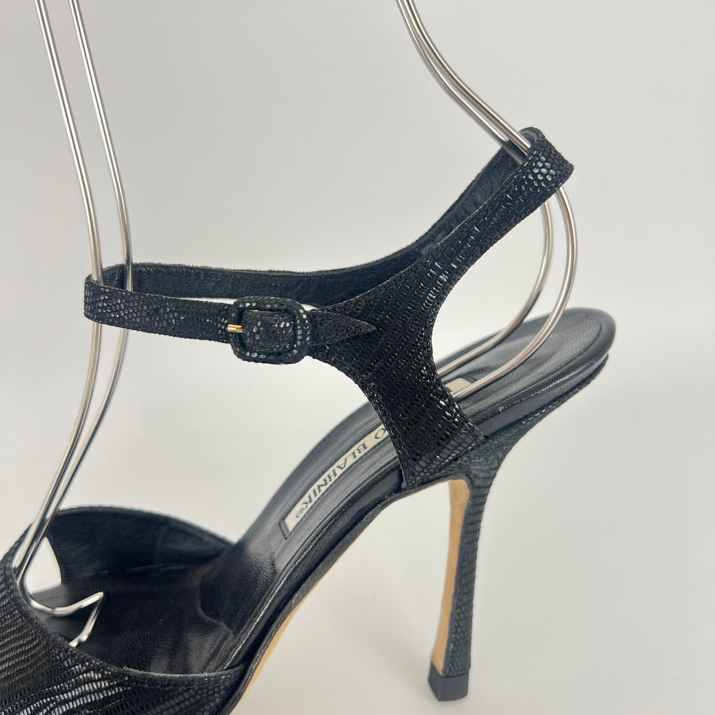 Manolo Blahnik | Vintage Black Shimmer Exotic Embossed Leather Thong Heels (37.5)