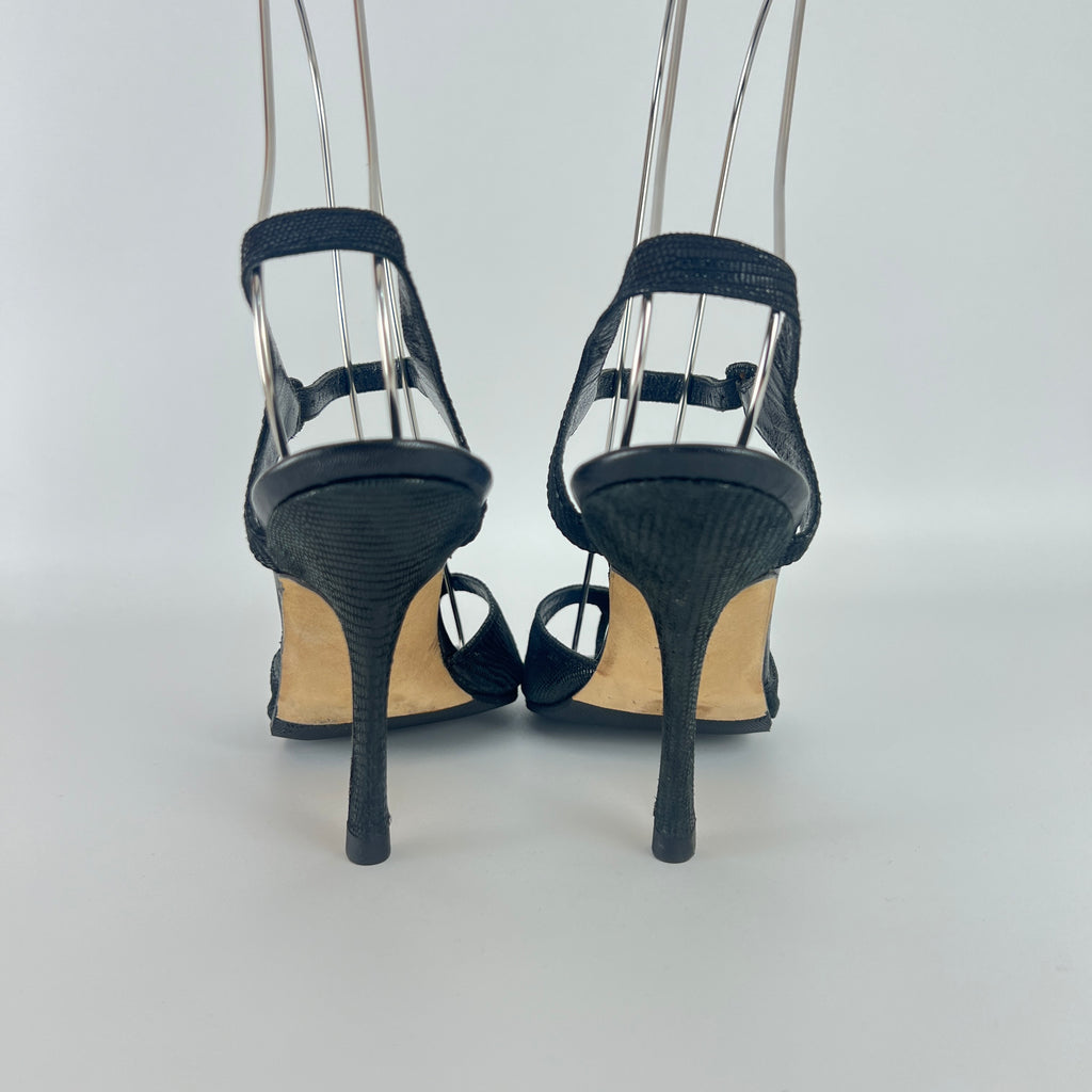 Manolo Blahnik | Vintage Black Shimmer Exotic Embossed Leather Thong Heels (37.5)