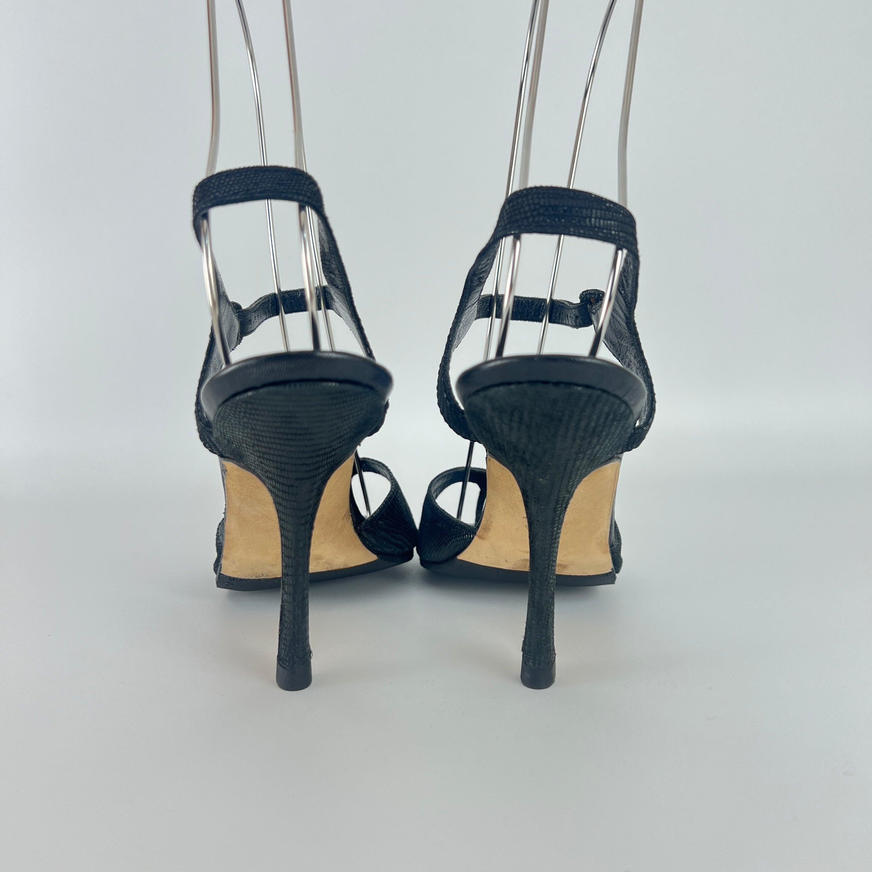 Manolo Blahnik | Vintage Black Shimmer Exotic Embossed Leather Thong Heels (37.5)