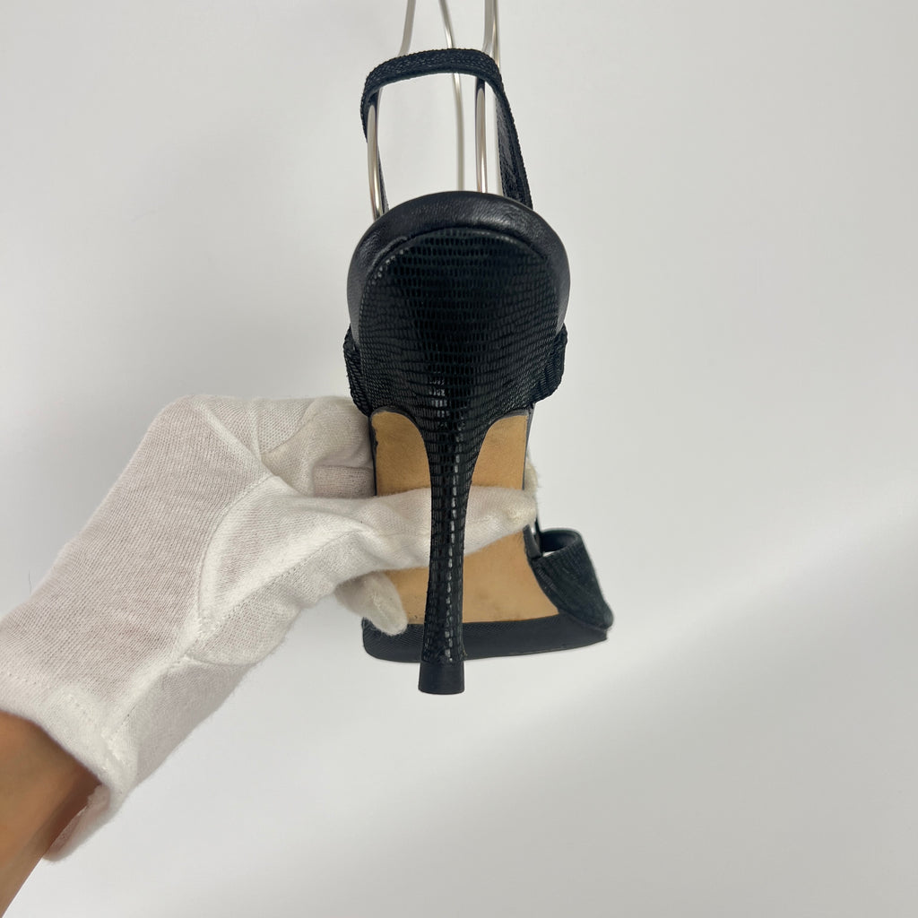 Manolo Blahnik | Vintage Black Shimmer Exotic Embossed Leather Thong Heels (37.5)