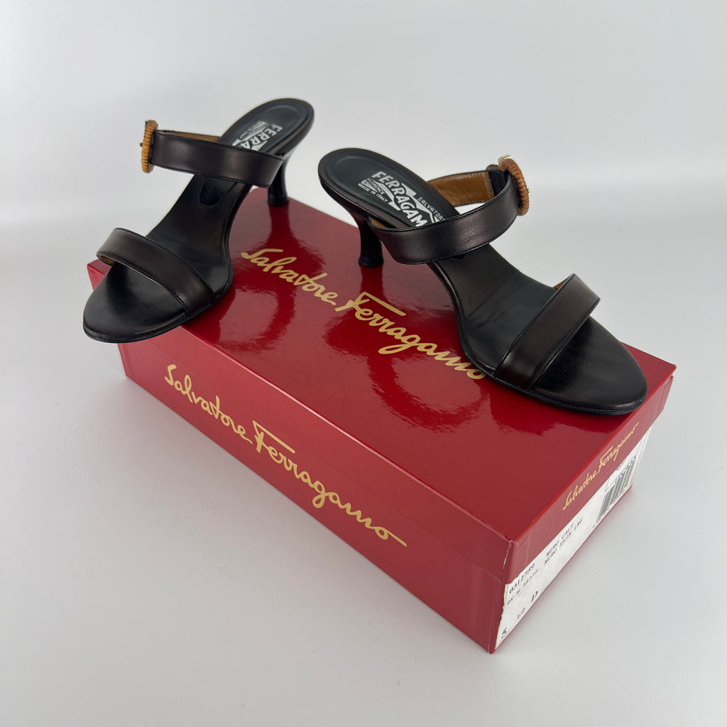 Ferragamo | Acklin Black Leather Wood Logo Buckle Sandal Slide Heels (35.5)