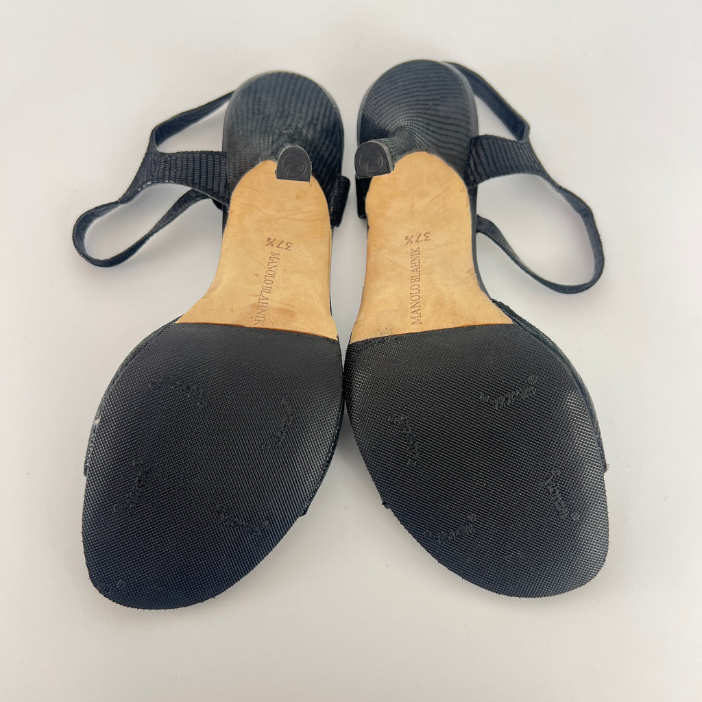 Manolo Blahnik | Vintage Black Shimmer Exotic Embossed Leather Thong Heels (37.5)