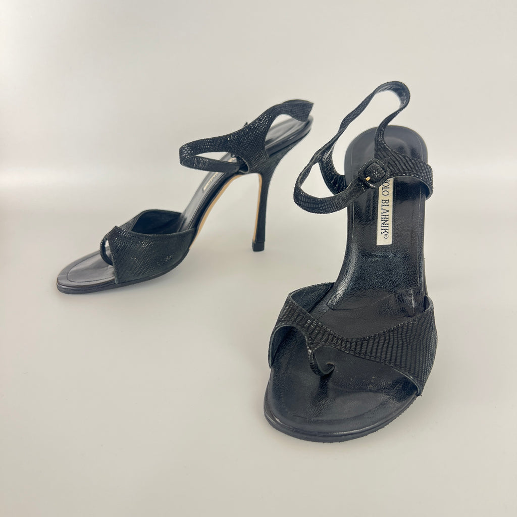 Manolo Blahnik | Vintage Black Shimmer Exotic Embossed Leather Thong Heels (37.5)