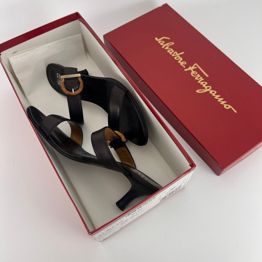 Ferragamo | Acklin Black Leather Wood Logo Buckle Sandal Slide Heels (35.5)